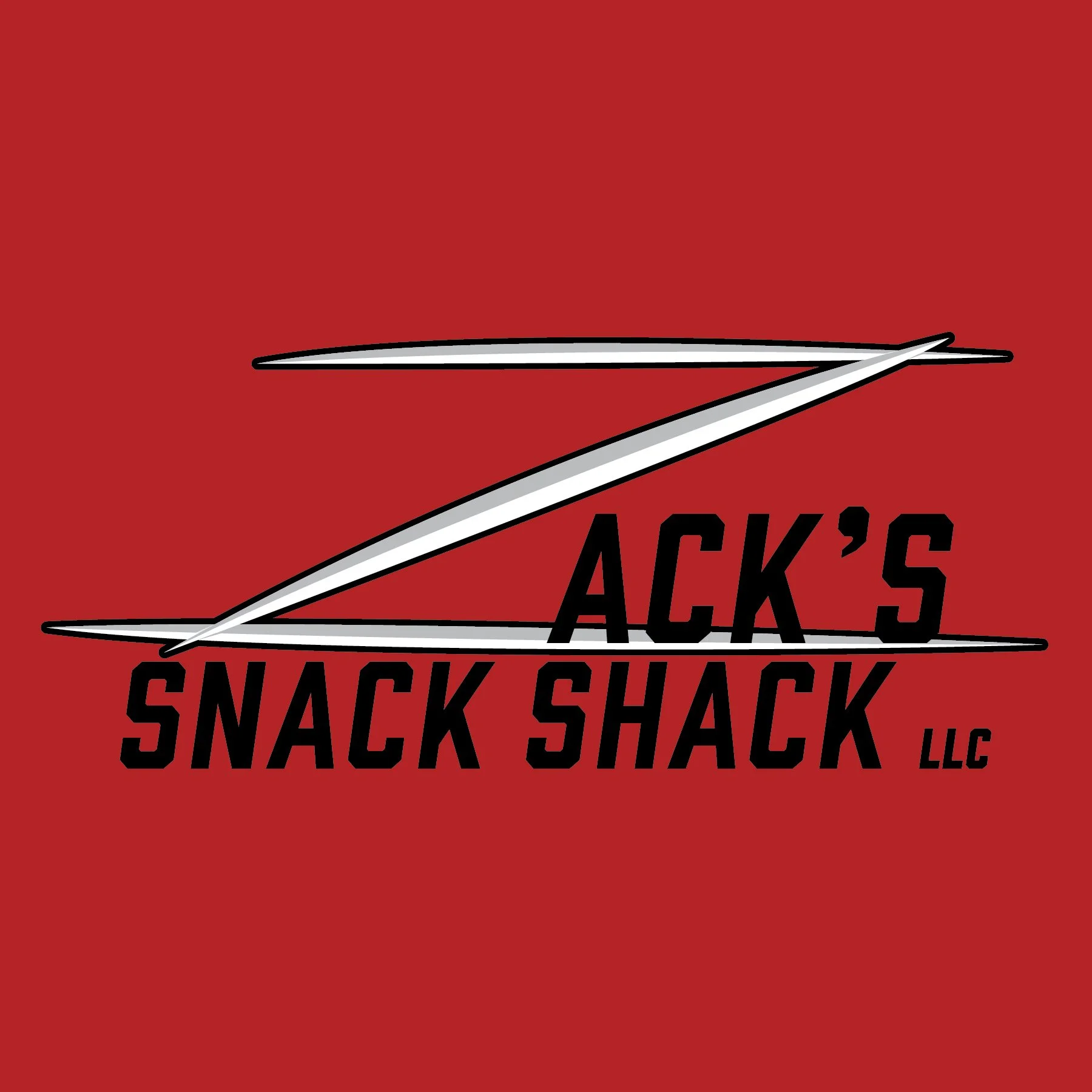 Logo for Jack's Snack Shack LLC with a red background, featuring black stylized text and a white arrow motif.