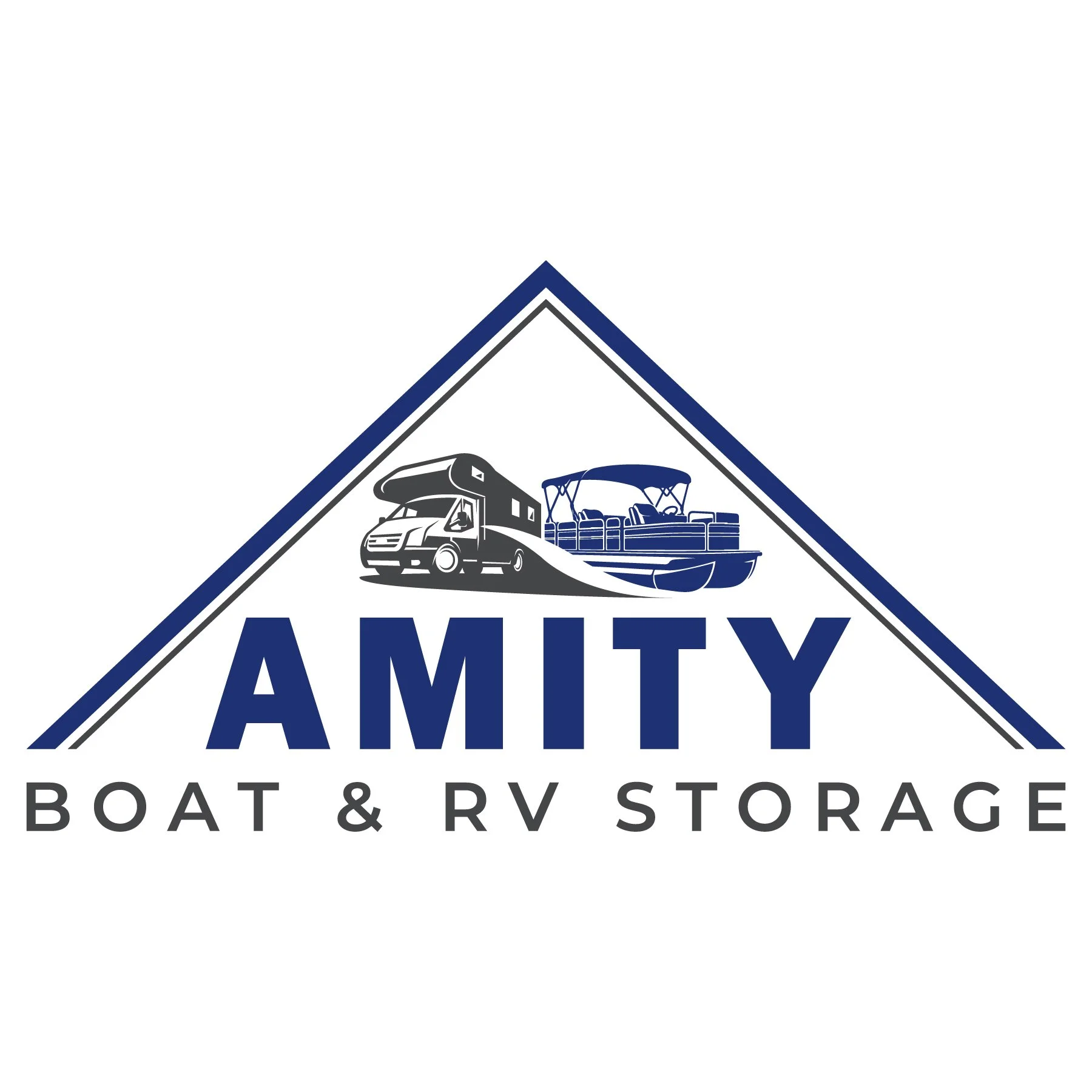 Logo for Amity Boat & RV Storage featuring a stylized illustration of a camper, a pontoon boat, and an RV inside a triangular border.