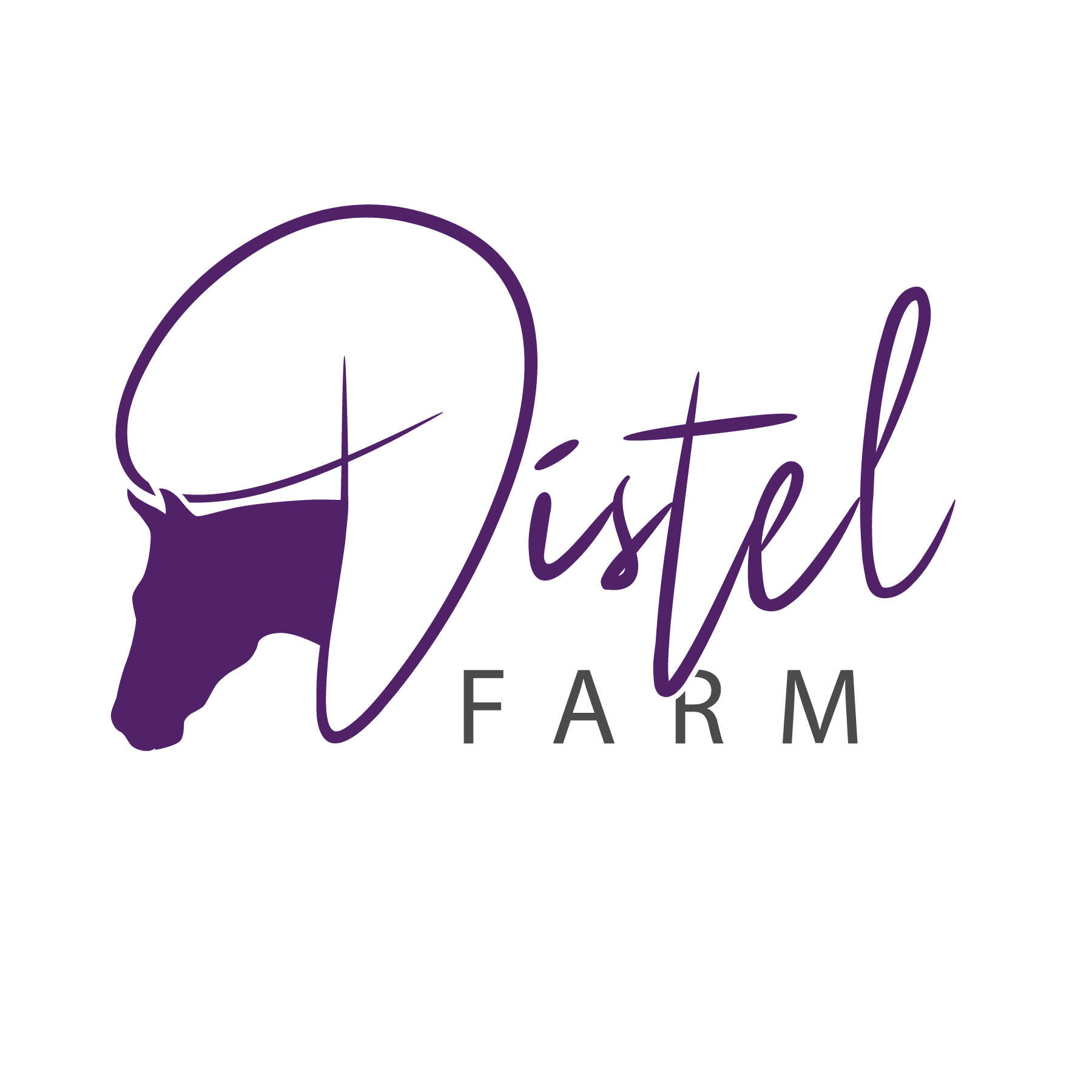 Silhouette of a person's head wearing a face mask with the words 'istet FARM' written in cursive purple font.