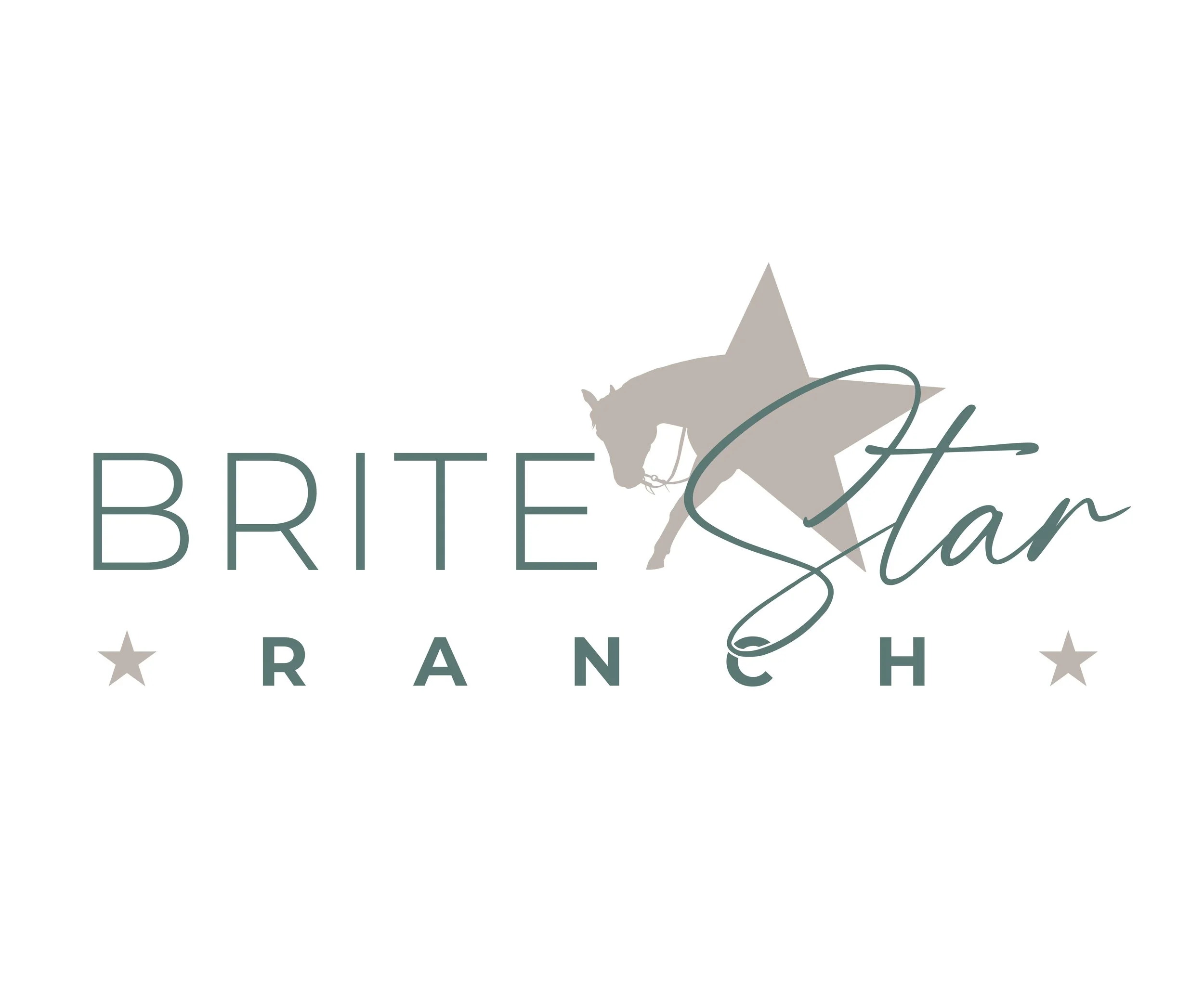 Design featuring a large star with a silhouette of a horse inside and text that reads 'Brighter Than Ranch' in elegant script style.