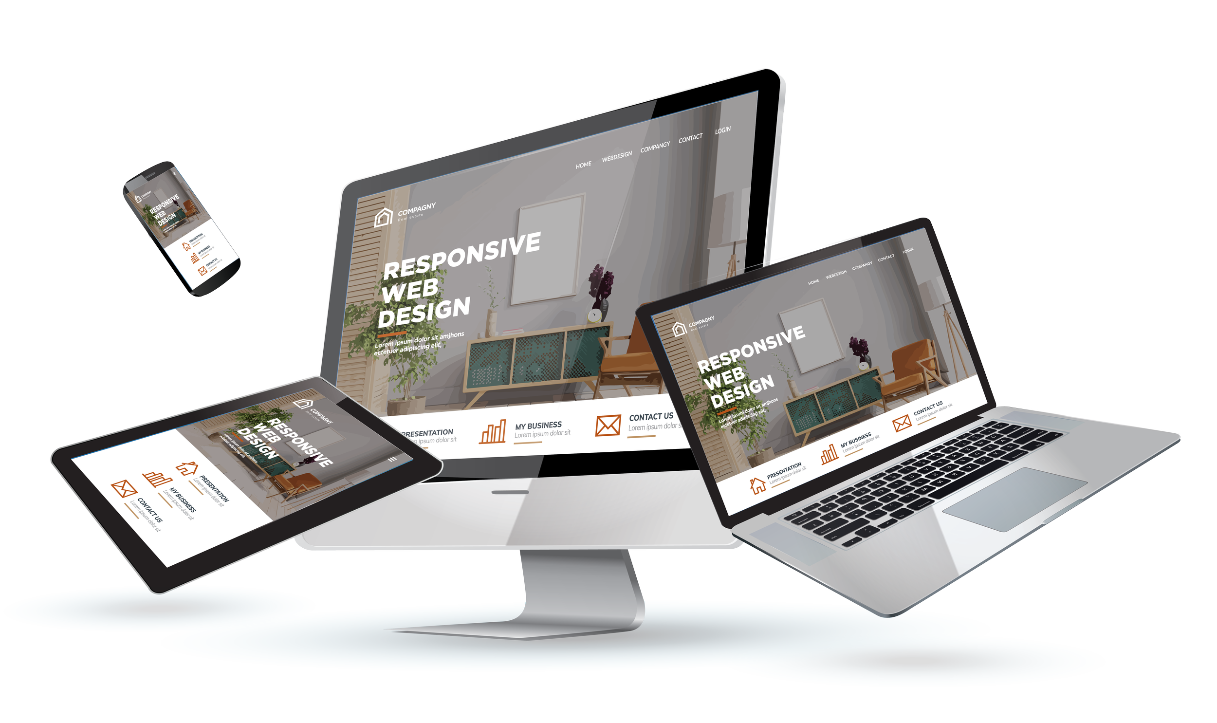 Multiple electronic devices including a smartphone, tablet, and laptop displaying a responsive web design for a company website about real estate interior decor, with a modern interior image in the background.