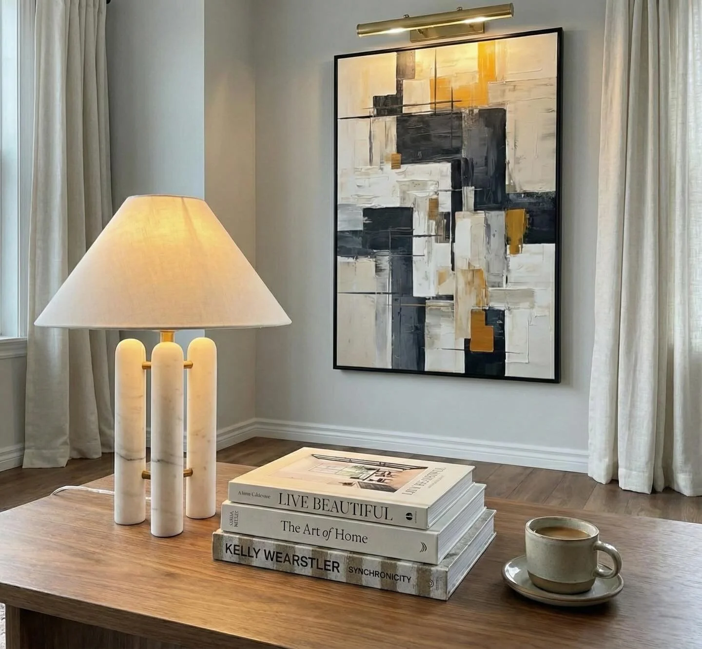 There&rsquo;s something about warm wood, soft light, natural stone textures, and beautiful art grounding the palette&hellip; that just makes a space feel good. 

#InteriorDesign #HomeDecor #InteriorStyling
#DecorInspo #DesignDetails #HomeInspiration
