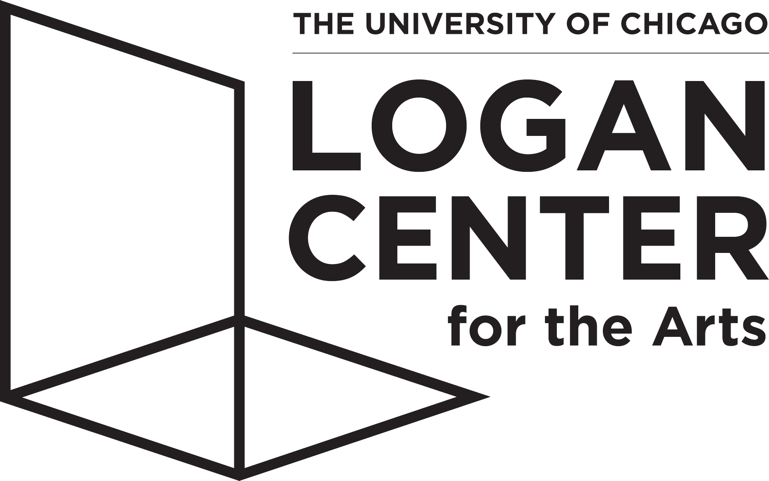 Logo for the University of Chicago Logan Center for the Arts, featuring a three-dimensional outline of a geometric shape and the text "The University of Chicago Logan Center for the Arts".