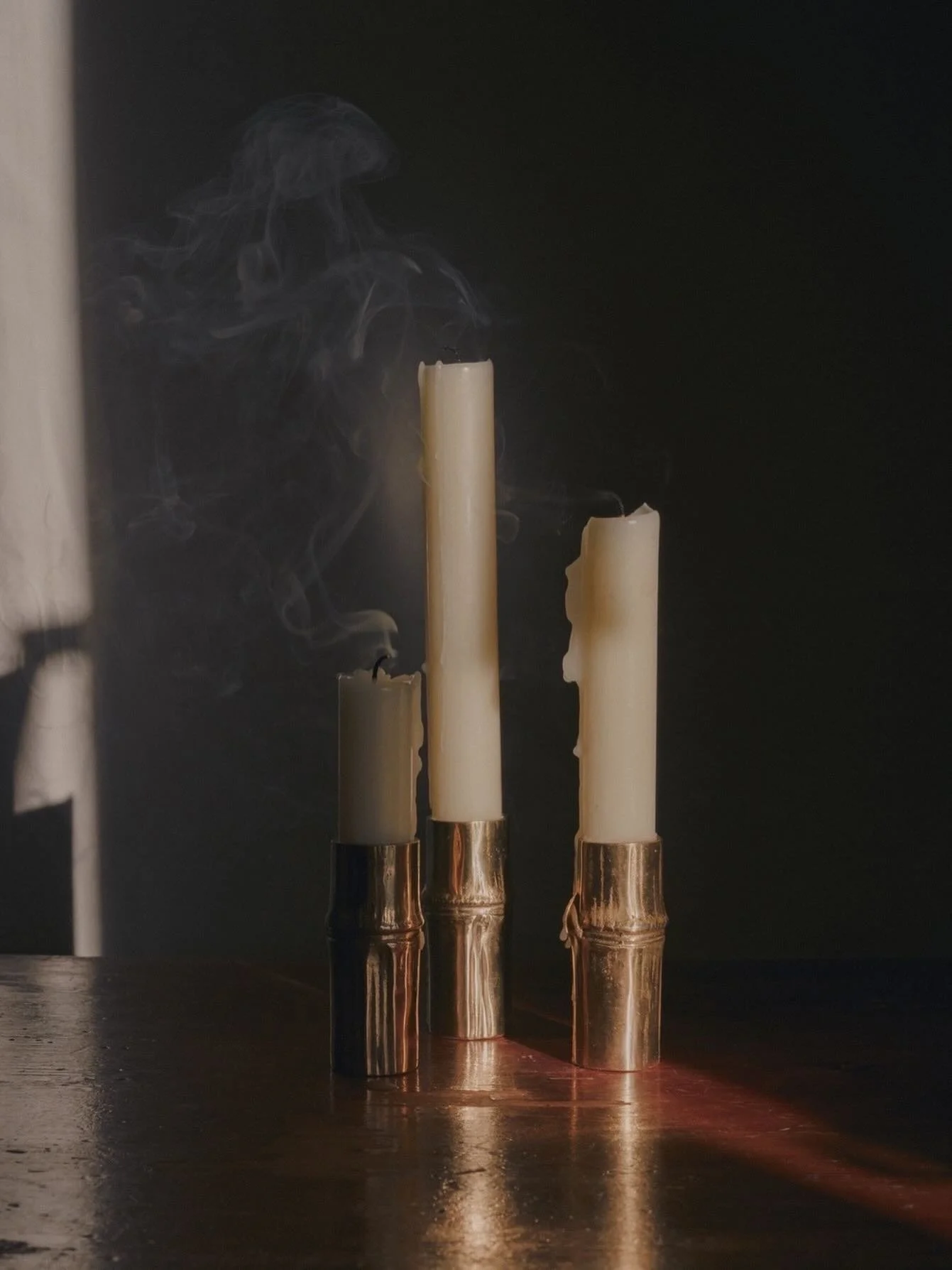 *

Nao candle holders

Cast in brass, their form echoes bamboo &mdash;
simple, sculptural, quietly present.

Light shifts as the flame moves, bringing warmth and depth to the space.

Over time, the surface will soften,
developing a patina that makes 