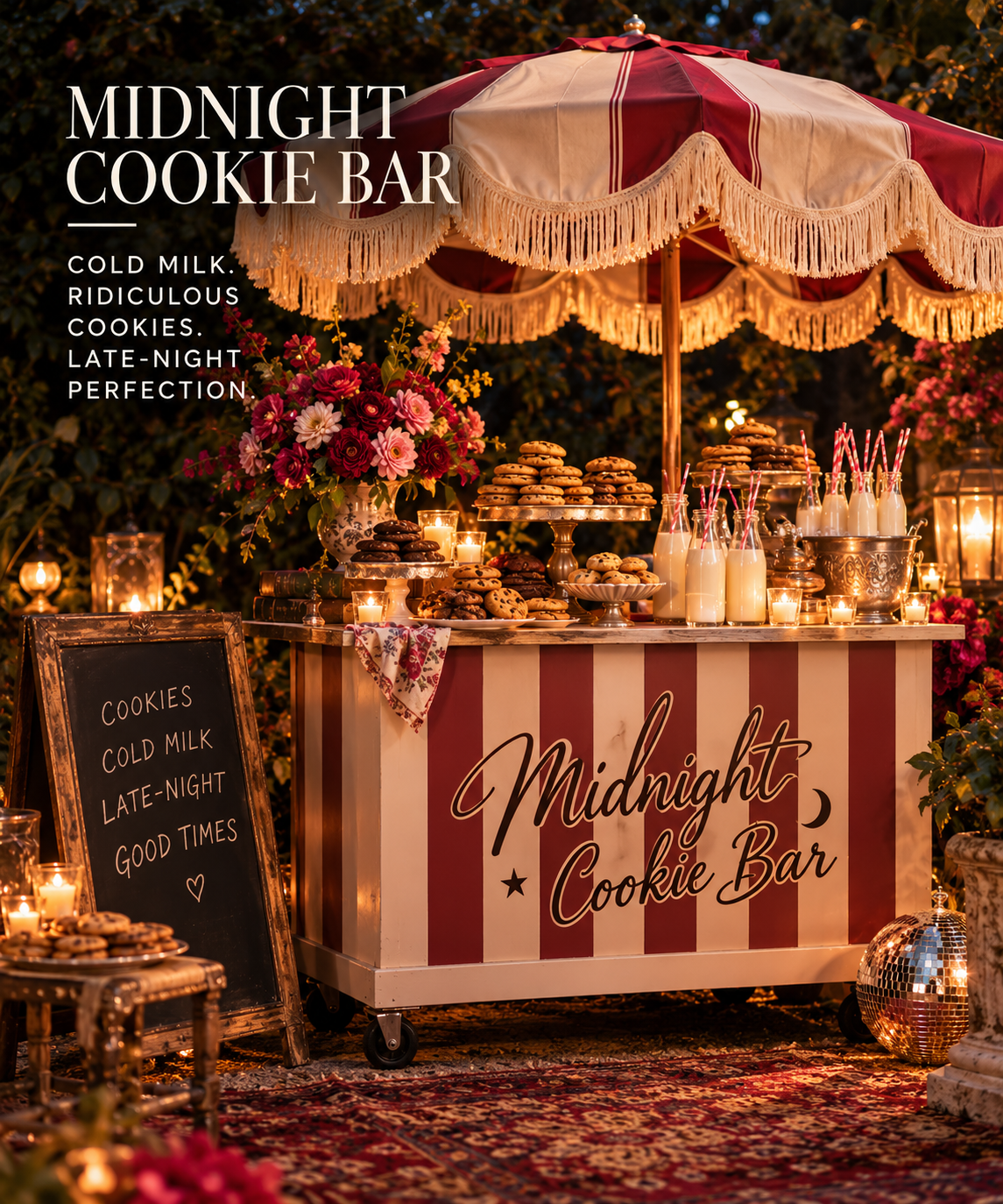 A festive outdoor setup featuring a vintage-style red and white striped cookie bar under a large, fringed umbrella. The cookie bar is filled with various cookies and milk bottles with striped straws. A chalkboard sign nearby displays the menu: cookies, cold milk, late-night, good times, with a small heart. The scene is decorated with candles, a flower arrangement, and a shiny disco ball on a patterned rug, creating a cozy, carnival-like atmosphere at night.