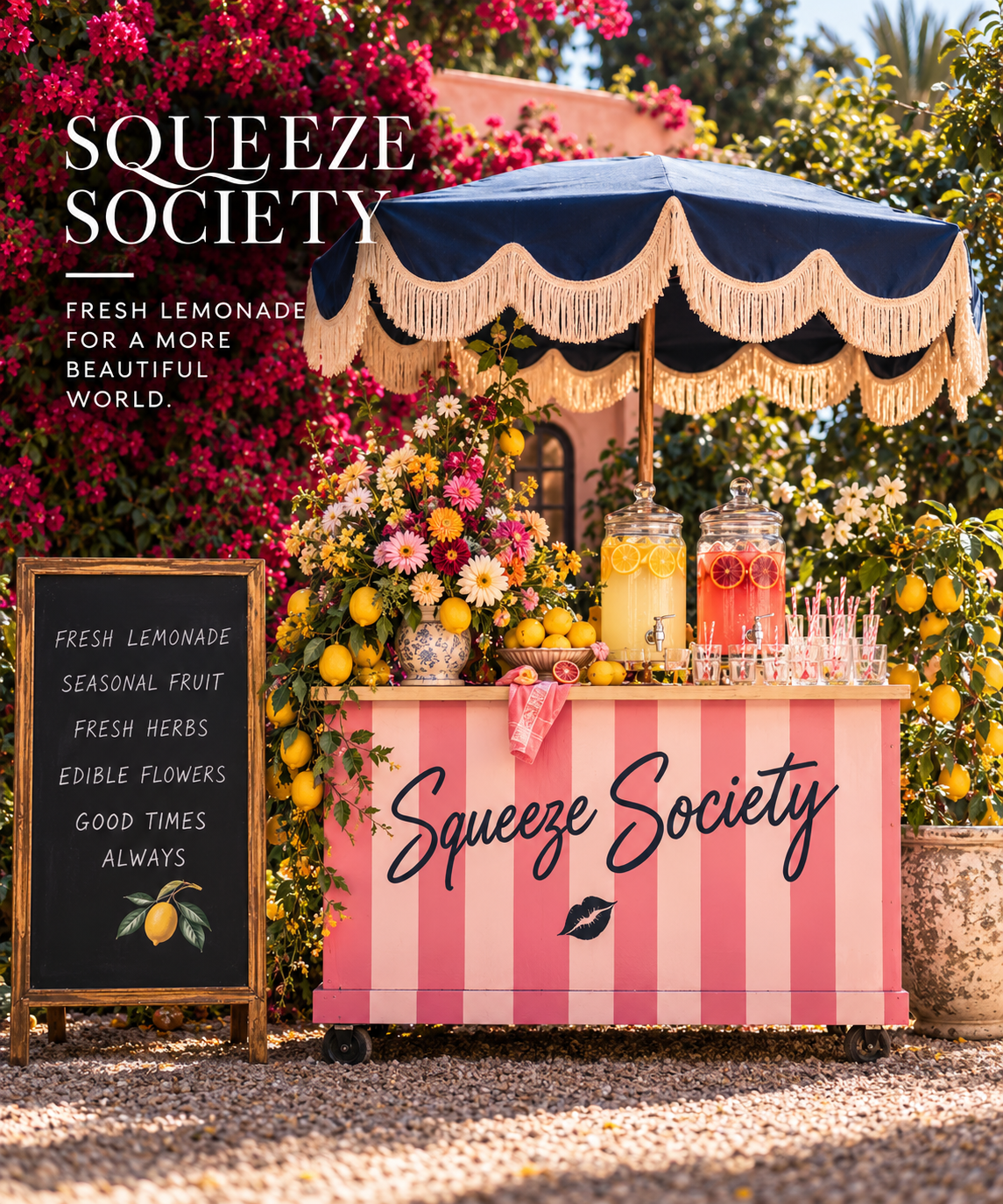 A pink and white striped lemonade stand decorated with yellow lemons and fresh flowers, featuring a blue parasol, with signs advertising fresh lemonade and seasonal ingredients.