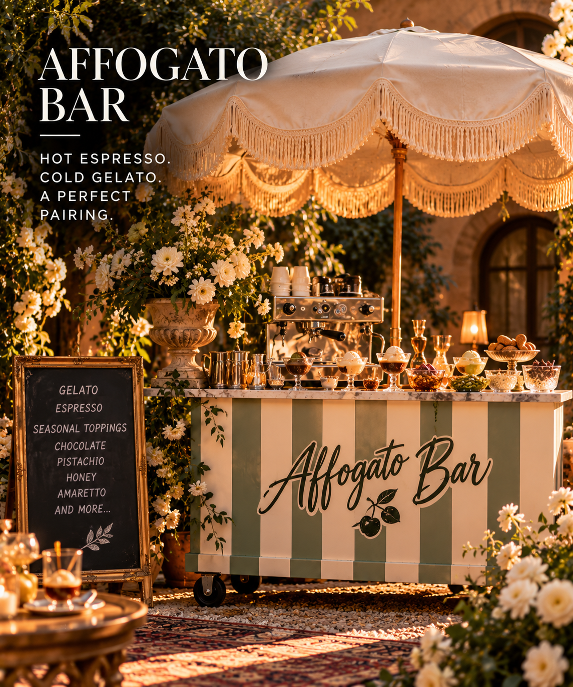 An outdoor Affogato Bar stall decorated with a striped green and white pattern, featuring a large umbrella, flowers, and various bowls and bottles of ingredients for gelato and espresso. A chalkboard menu lists seasonal toppings and flavors like chocolate, pistachio, honey, and amaretto, with a warm sunset background.
