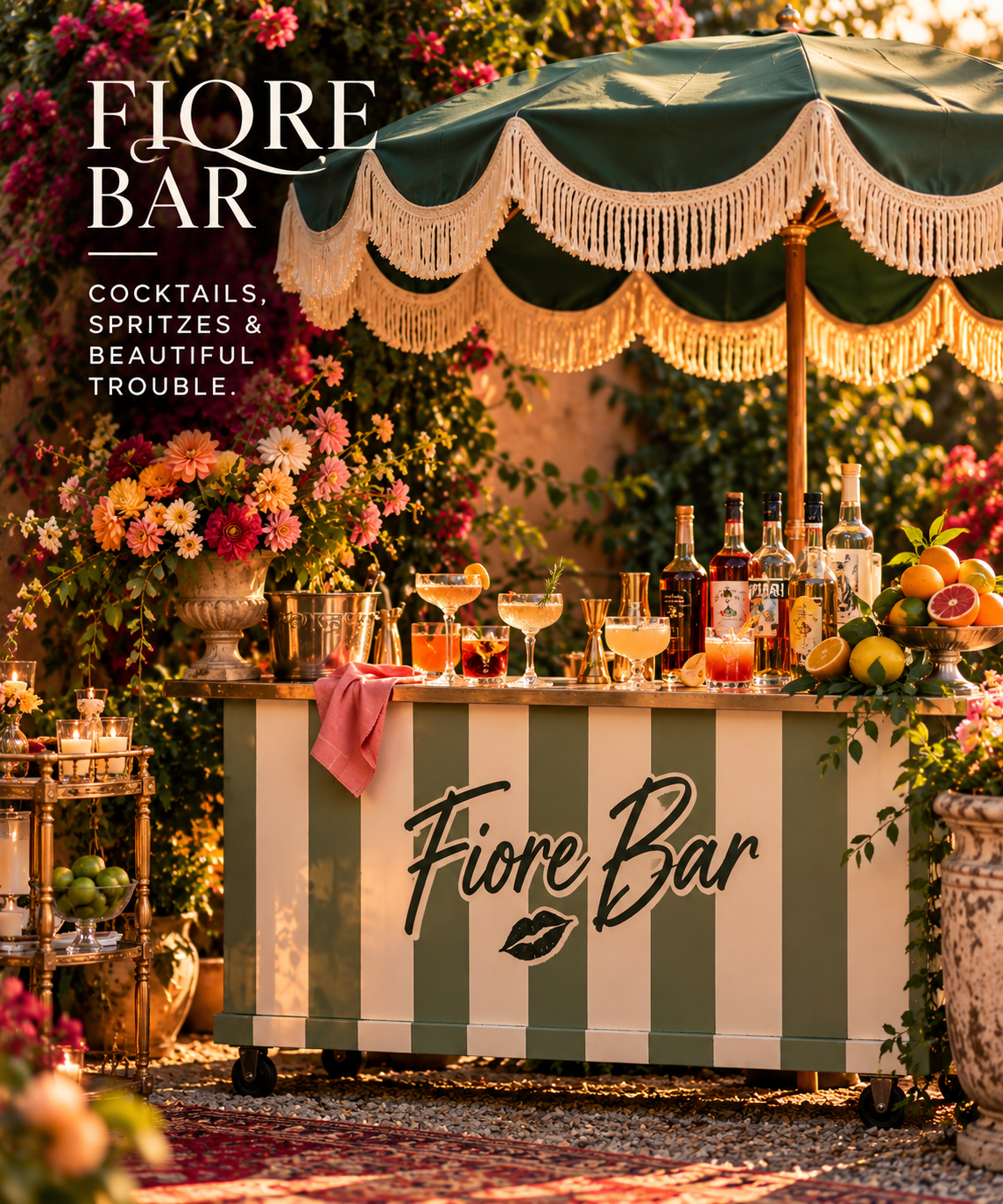 An outdoor floral bar setup with a green and white striped cart labeled 'Fiore Bar' with a lipstick kiss icon, under a large green parasol with beige fringe, decorated with flowers and various bottles of alcohol, lemons, and cocktails, illuminated by warm sunlight and surrounded by pink and orange flowers.