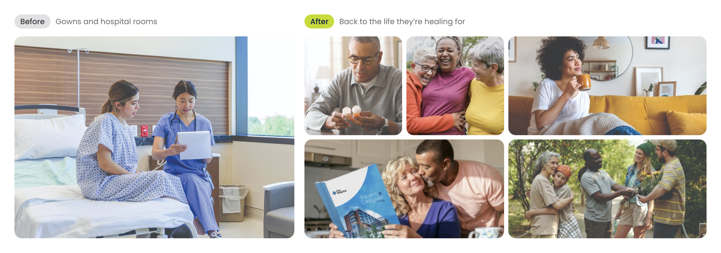 Before: patient in a hospital room. After: lifestyle photos of people back home