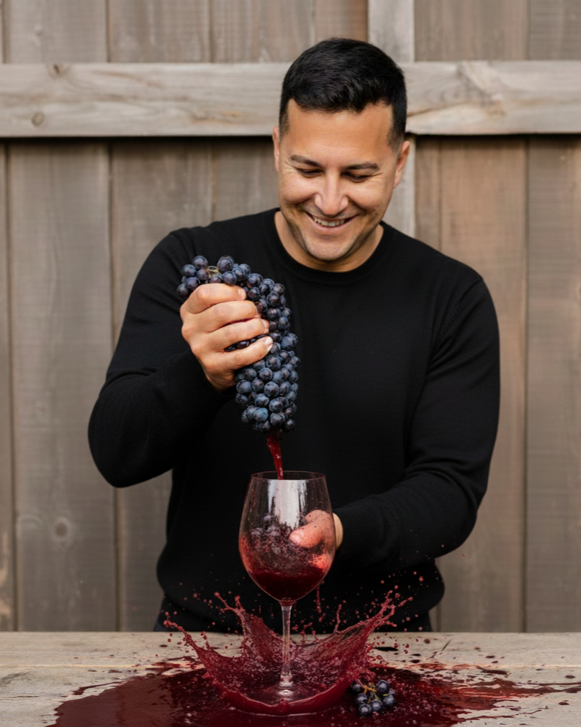 A person squeezing a grape vine into a wine glass 