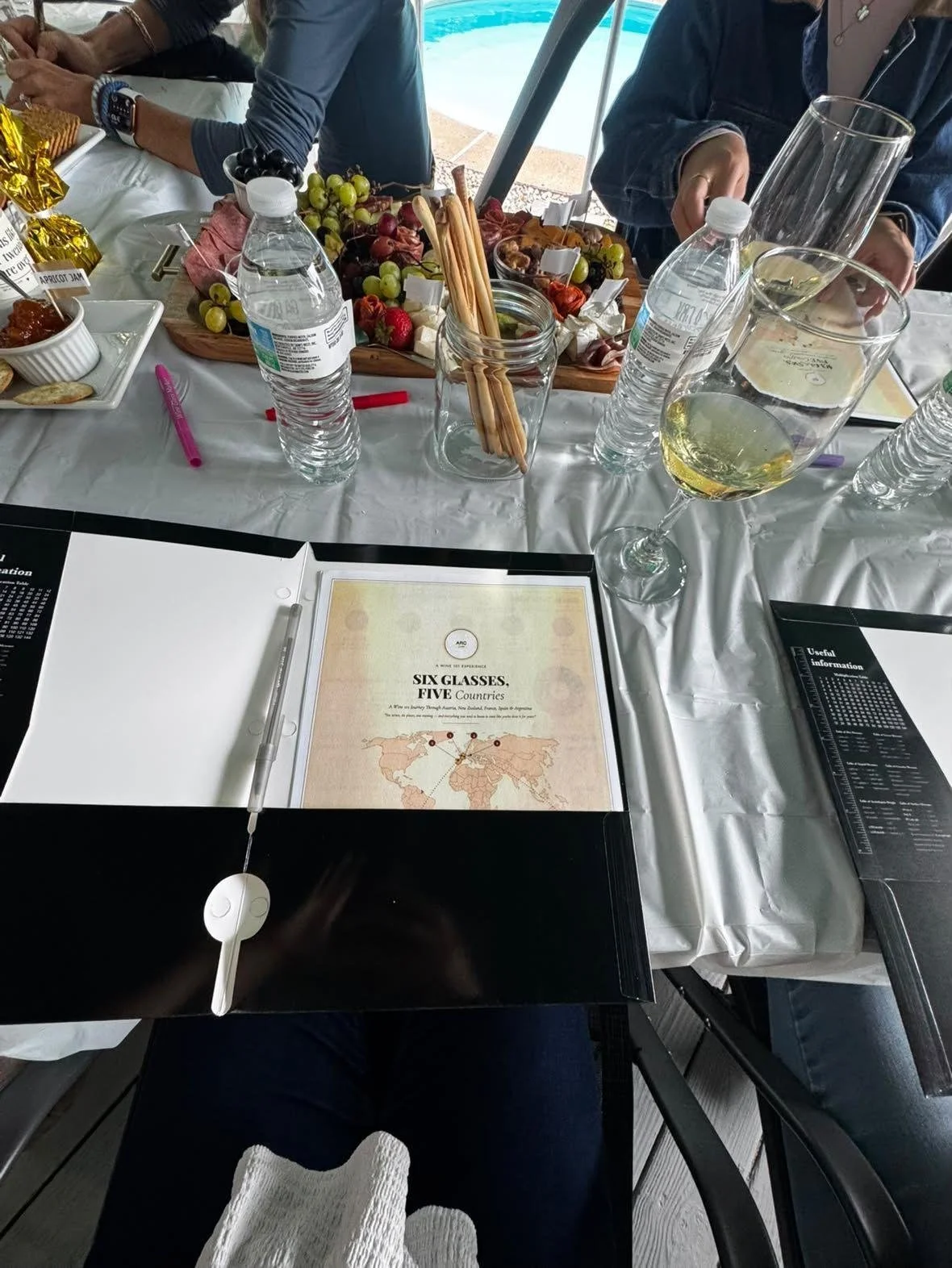 Tasting workbook titled 'SIX GLASSES, FIVE Countries' on a set table