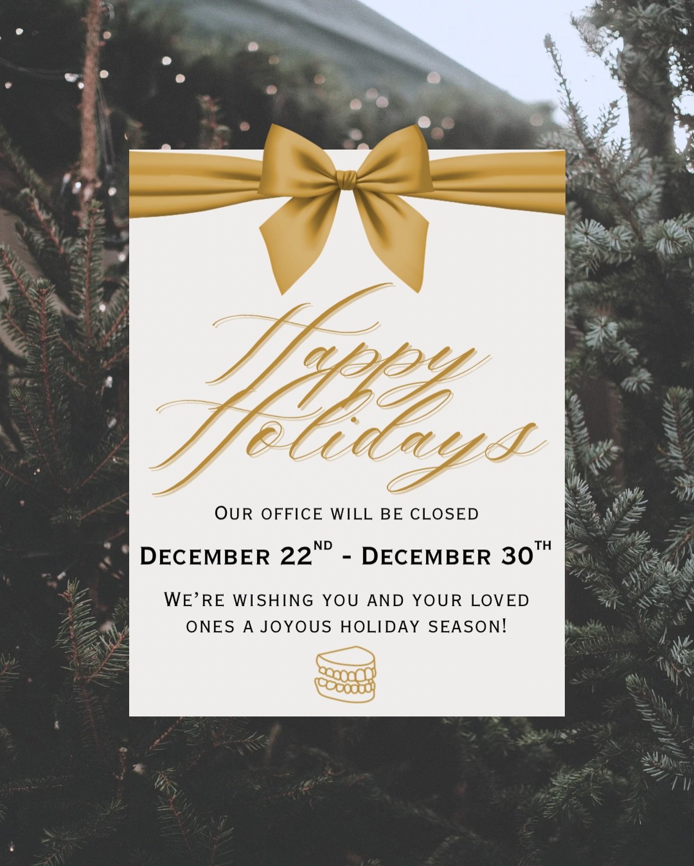Happy Holidays from all of us at Gold Standard Dentures! 🎄✨ Our office will be closed from December 22nd through December 30th so our team can recharge and spend time with loved ones. We&rsquo;re wishing you and your families a joyful season filled 