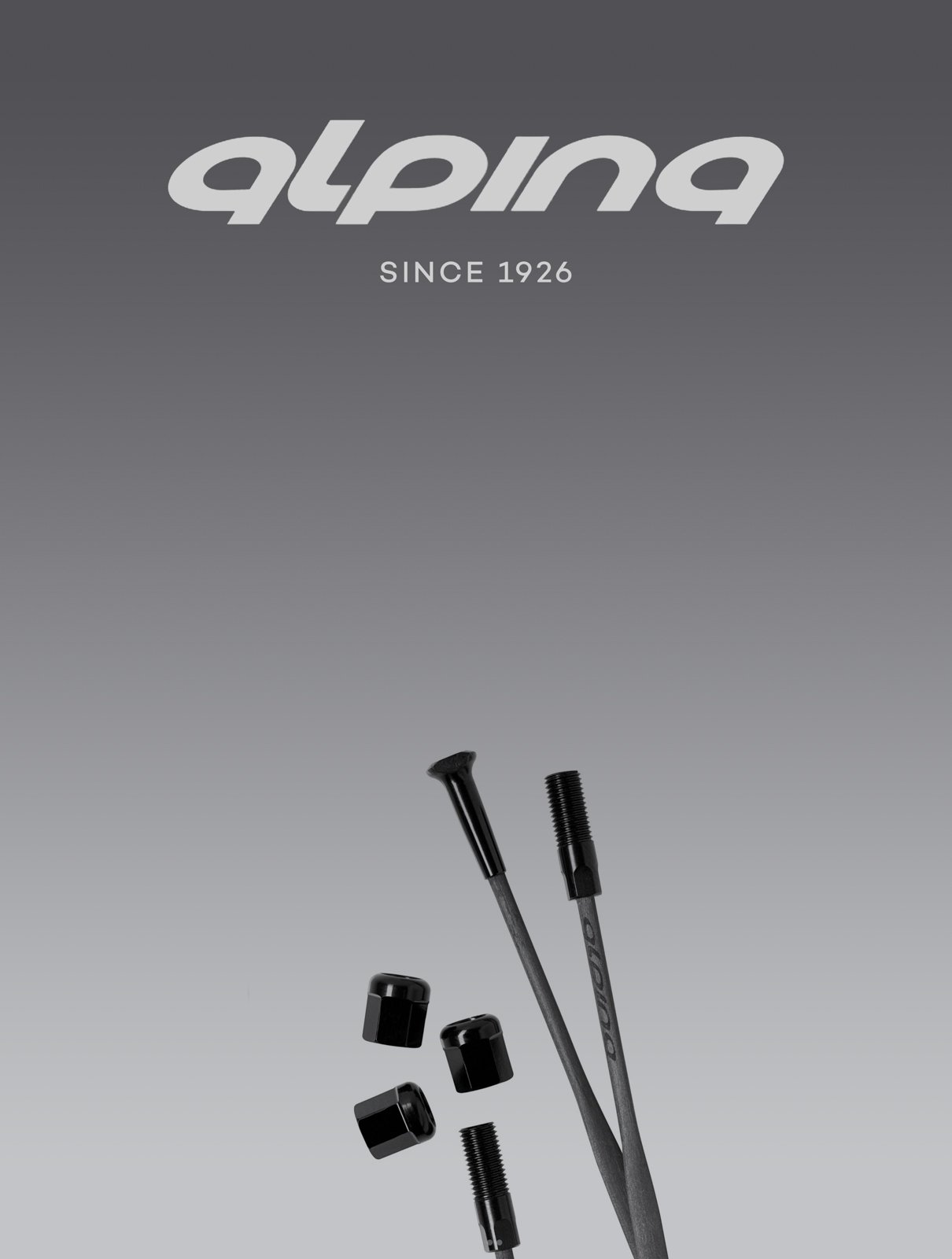 A promotional image of Alping, a company since 1926, featuring two tire repair tools, two black valve caps, and a few black screws, on a gradient background.