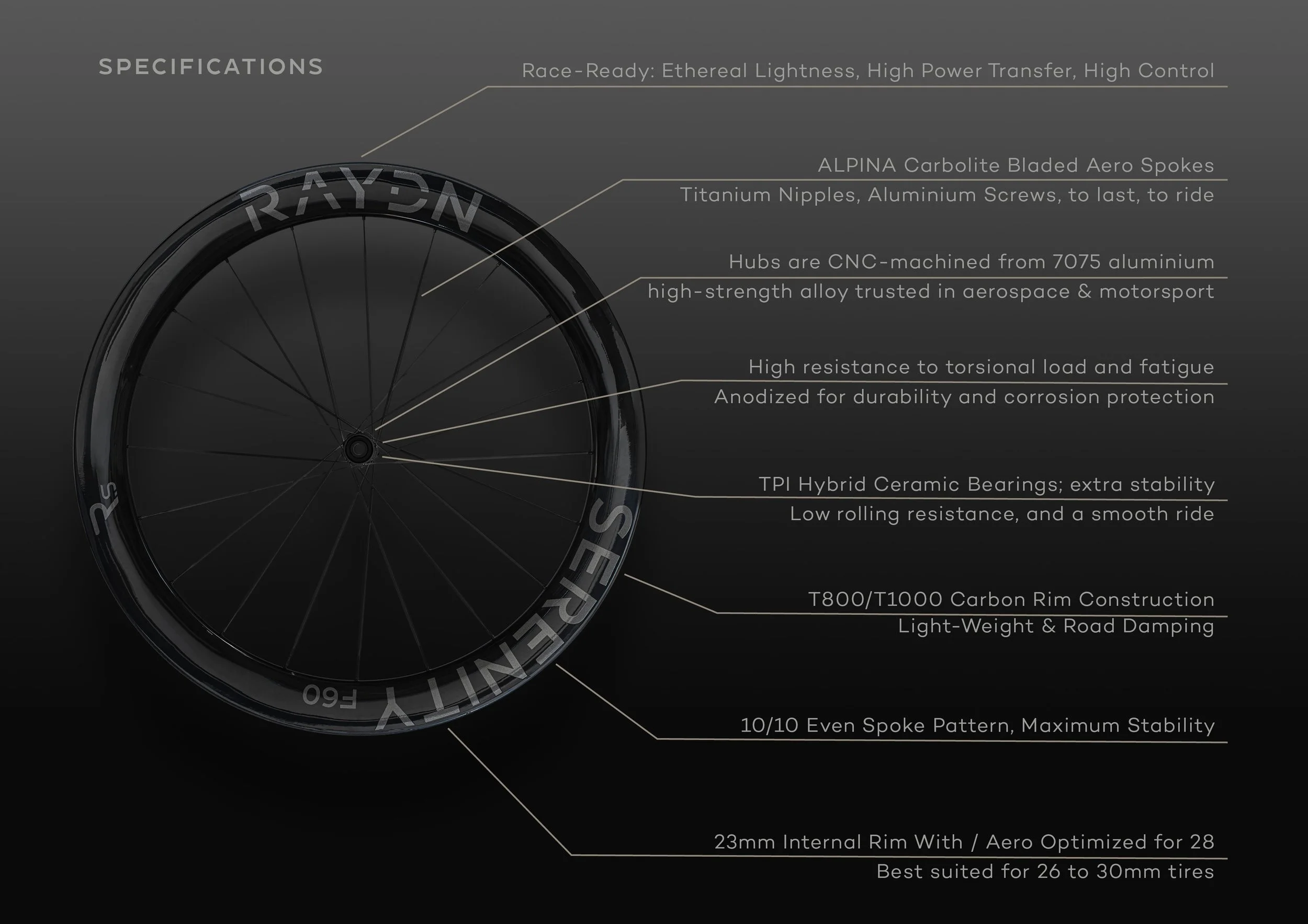 Close-up of a black bicycle wheel with technical specifications and features listed, including high strength hubs, durable anodized components, lightweight carbon rim, and hybrid ceramic bearings.