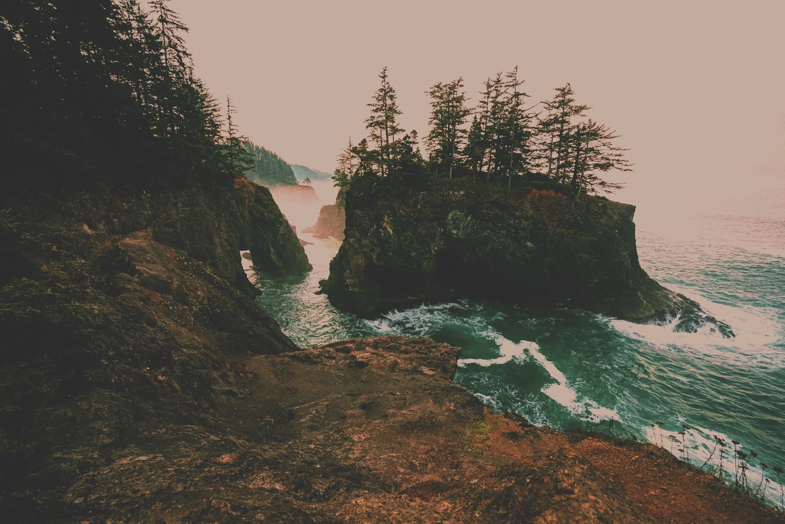 Coastal scene with rocky cliffs, evergreen trees, and ocean waves at sunset