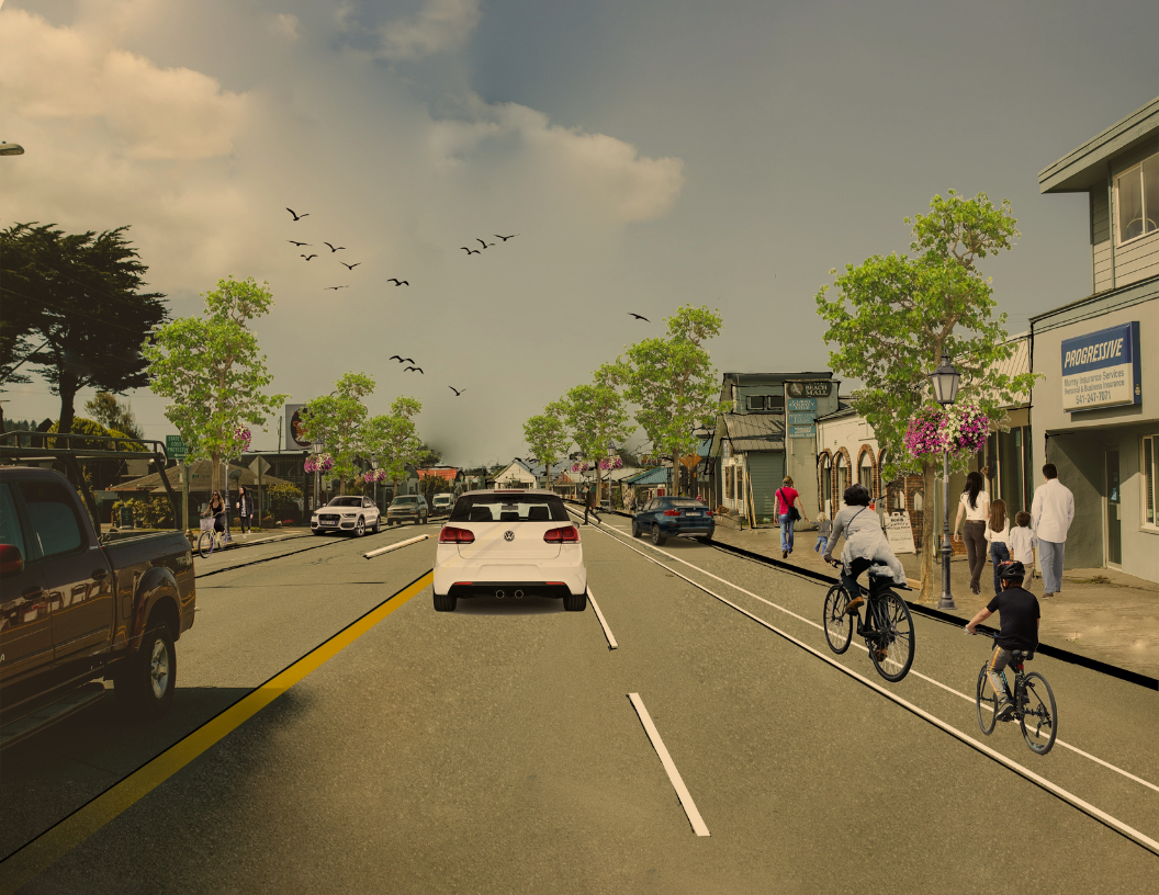 A street scene with cars, trees, and pedestrians walking on the sidewalk, along with cyclists riding on a designated bike lane in a sunny day.