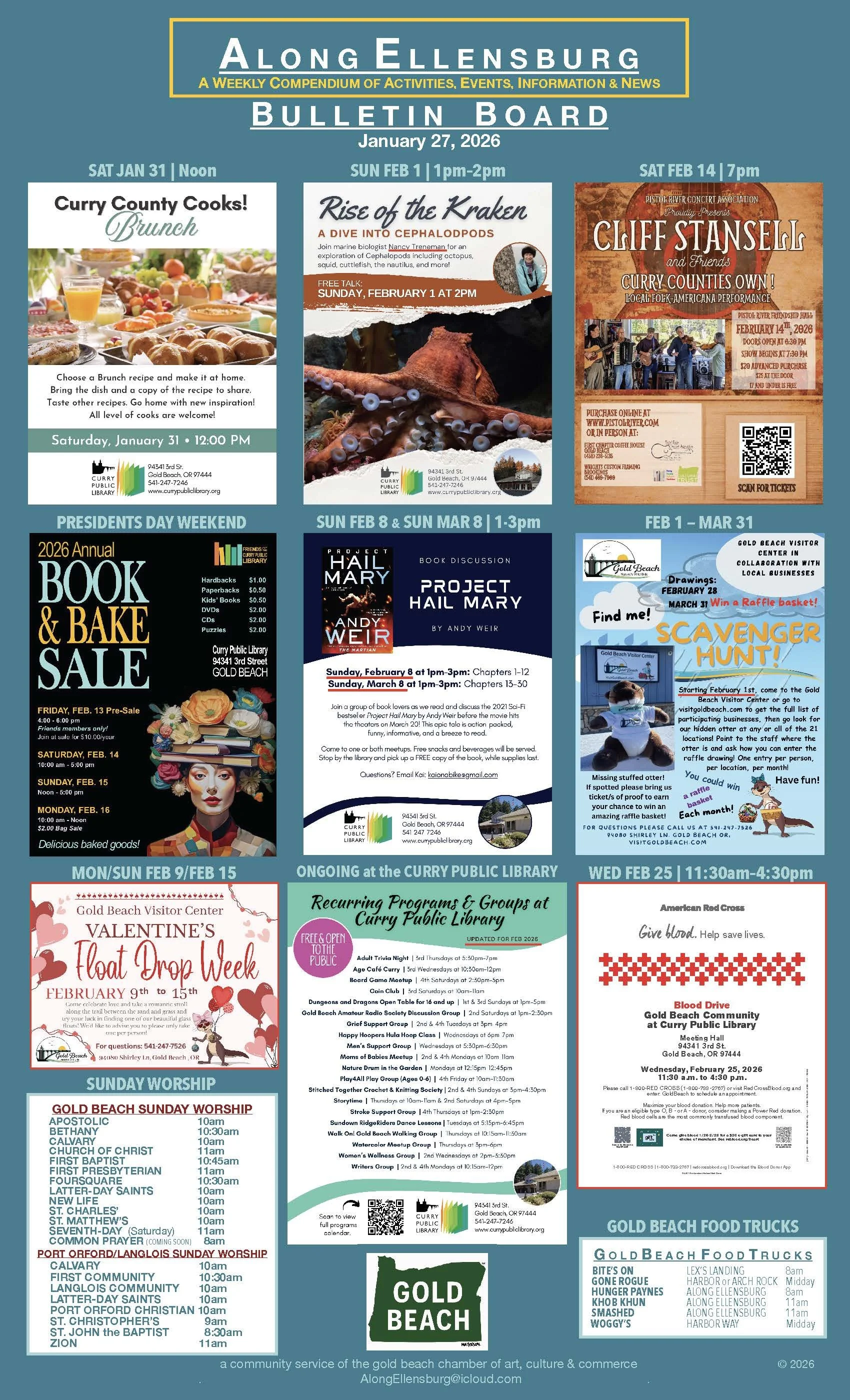 A community bulletin board for Along Ellensburg, featuring schedules for events like a brunch, diving exploration, a concert, book sales, and ongoing programs at the Curry Public Library, along with Valentine’s Day activities and a blood drive notice.