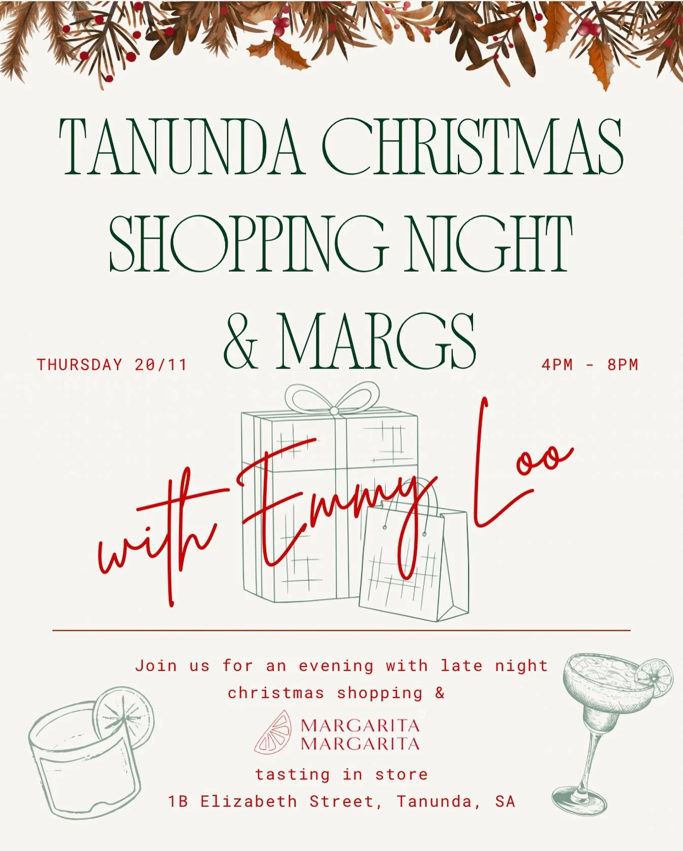 ✨ Tanunda Christmas Shopping Night ✨ Join us in store on Thursday 20th November from 4pm-8pm for a festive evening of shopping, sipping &amp; getting into the Christmas spirit 🎄  We&rsquo;ll have Margarita Margarita tastings in store while you shop 