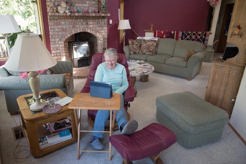 On March 7, 2021, before the release of the pre-recorded service at First United Methodist Church, Linda joins a video call at her home in Mount Vernon, Wash. with members of the church for coffee hour. The church has not been meeting in person, so the congregation only meets online or for drive-through events.