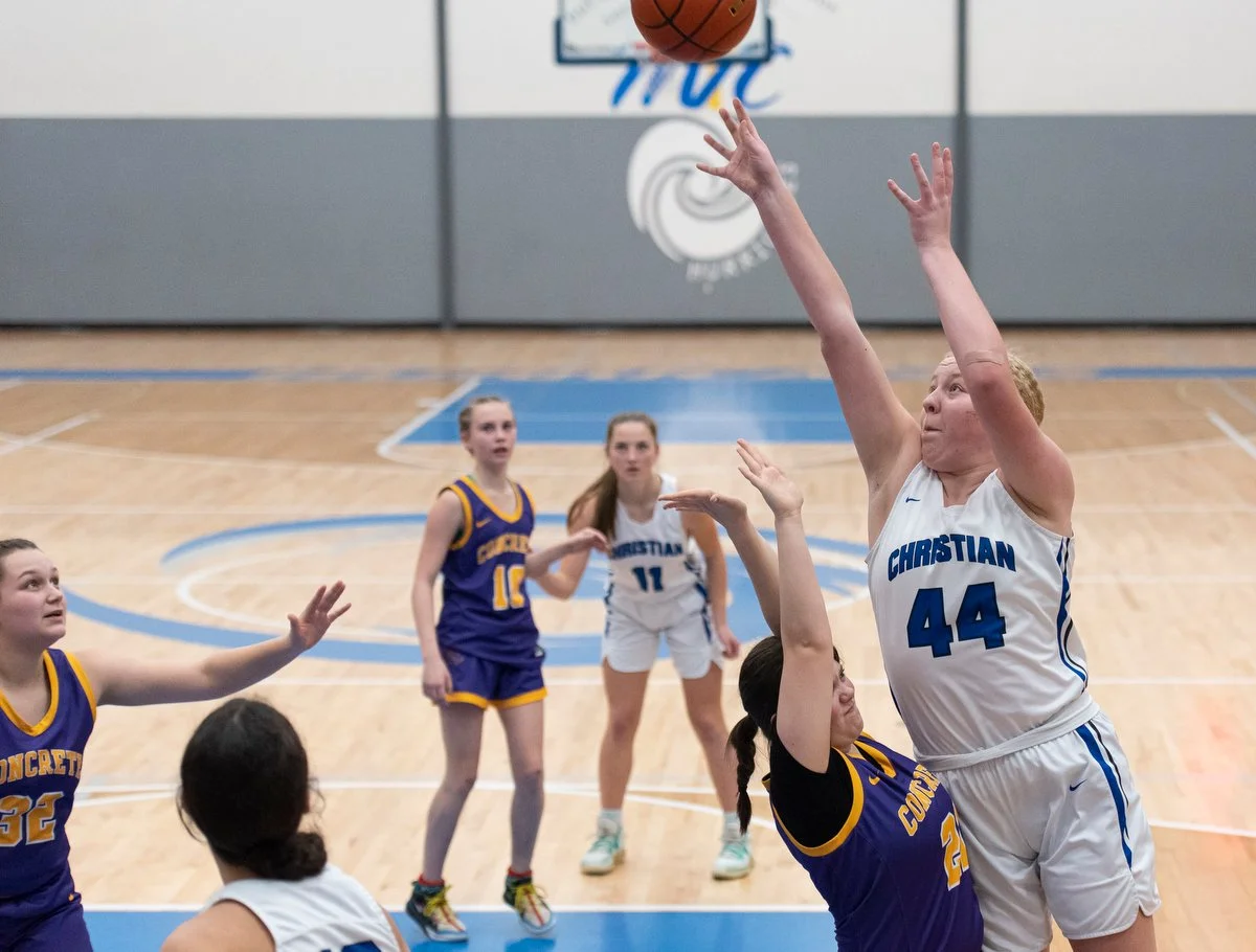  Mount Vernon Christian's Carolanne Votipka takes a shot on Dec. 12 during a Northwest 1B/2B League game against Concrete in Mount Vernon. Mount Vernon Christian won, 82-3.  