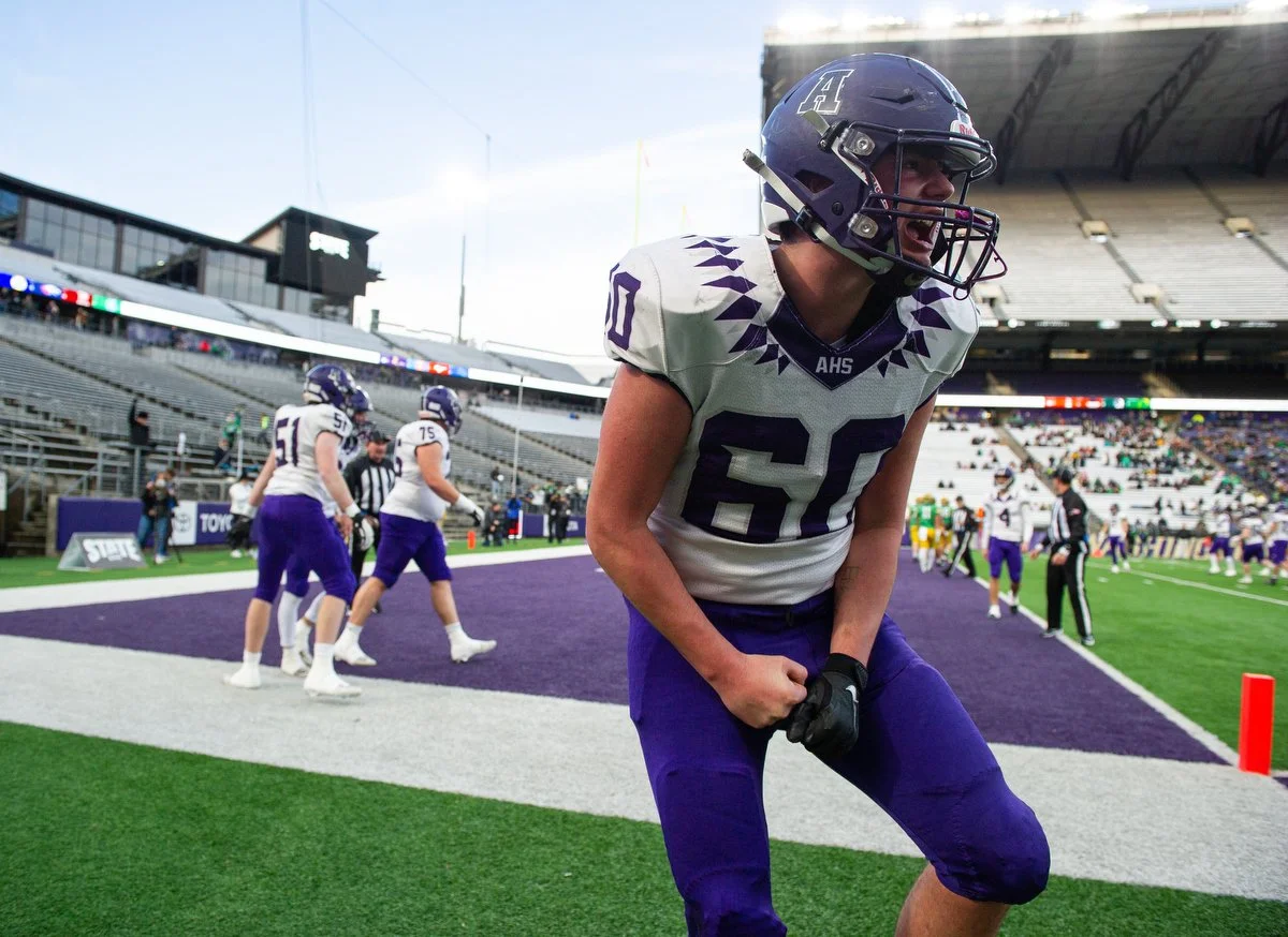  Anacortes lineman Evan Hopps reacts after the Seahawks scored their first touchdown of the game on Dec. 2 at the Class 2A State Tournament championship game in Seattle. 