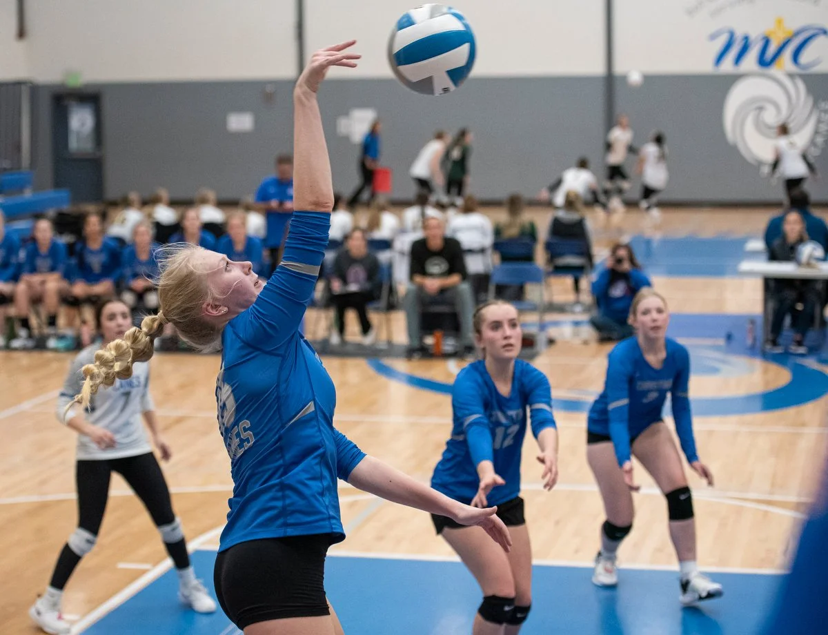  Mount Vernon Christian's Kiera Link spikes the ball on Nov. 2 during a tri-district 1B tournament game against Neah Bay in Mount Vernon. Neah Bay won, 3-1. 