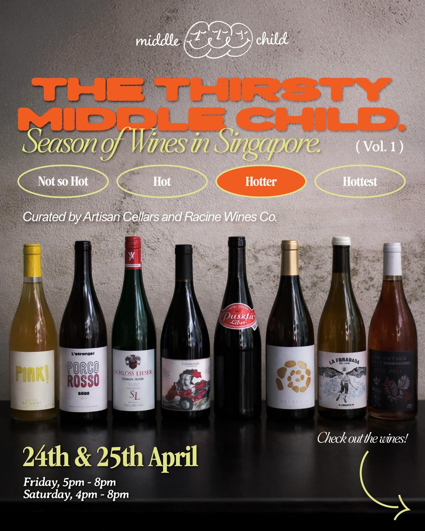 THE THIRSTY MIDDLE CHILD
A lineup that moves like the weather here
not so hot &rarr; hot &rarr; hotter &rarr; hottest

Because elsewhere, wines are poured by spring, summer, autumn, winter.
But here? It&rsquo;s just how deep into the heat you&rsquo;r