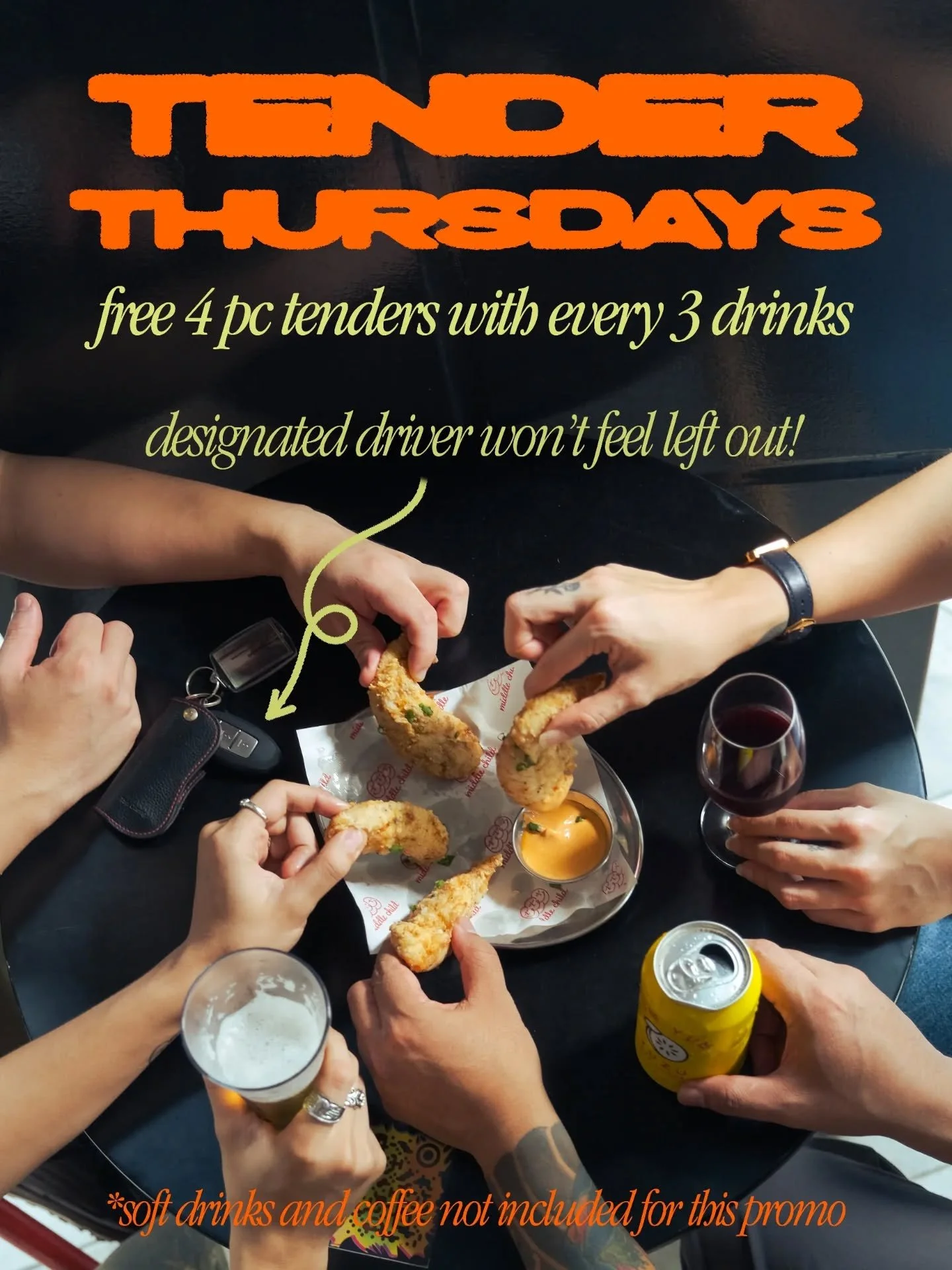 Starting this coming Thursday (28 May), we're launching Tender Thursdays! 

For every 3 drinks purchased, we give you 4 free chicken tenders for free. Now your designated driver won't be left out too! 

#middlechildbar #middlechild