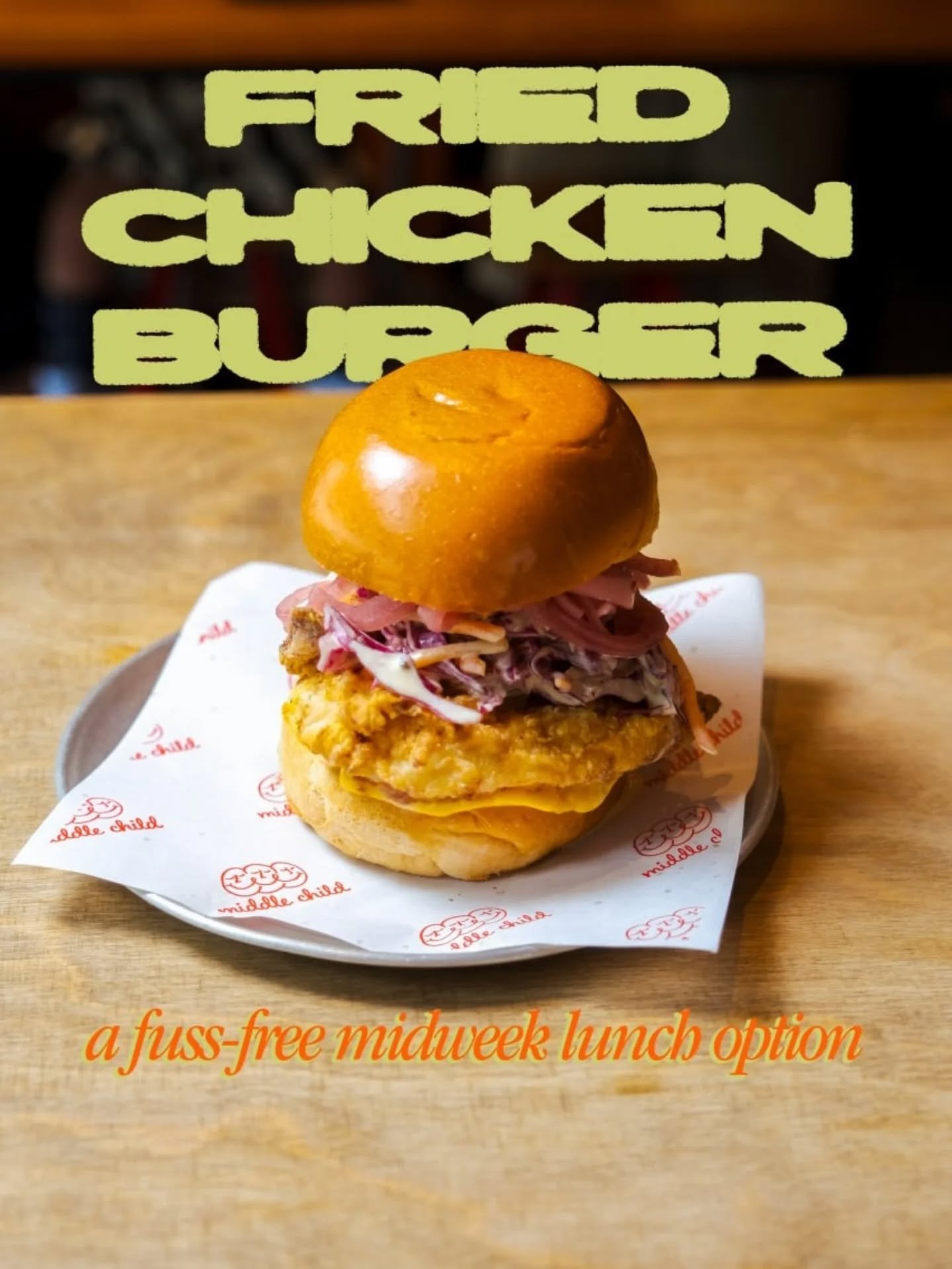 🍔FRIED CHICKEN BURGER🍔
High-protein, well-balanced, and a fuss-free lunch option. Just bring those tissues you use to chope seats; it will get messy. 

#middlechild #middlechildbar