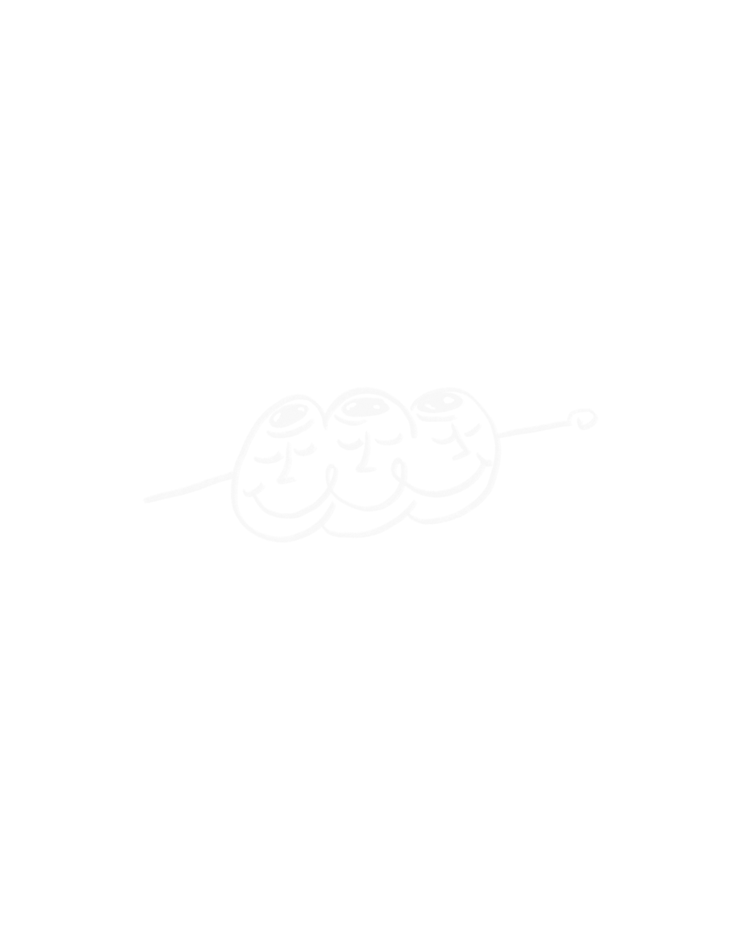 Black and white line drawing of a string of three smiling garlic bulbs attached to a string.