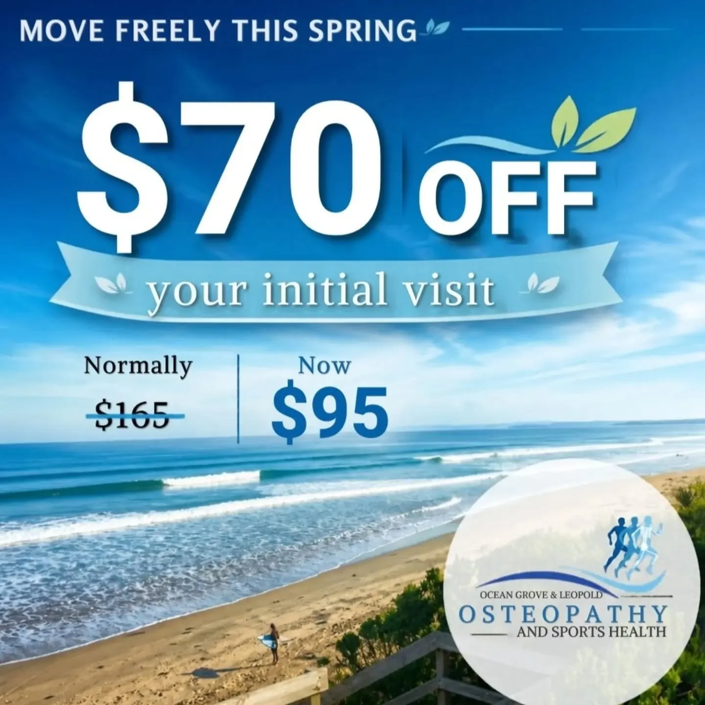 It's the LAST WEEK to secure this promo (for new patients only)

Thinking about seeing an osteo for the first time? Now&rsquo;s the perfect time! 
We&rsquo;re offering NEW PATIENTS a 45-minute initial appointment for just $95! 
Normally $165 &mdash; 