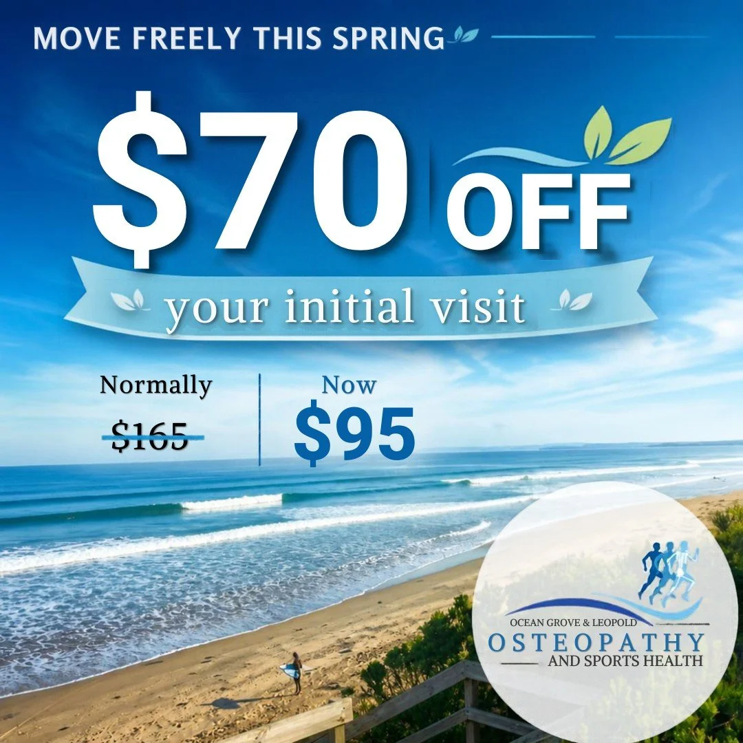 ****** OCTOBER INITIAL VISIT SPECIAL! ******

Thinking about seeing an osteo for the first time? Now&rsquo;s the perfect time! 
We&rsquo;re offering NEW PATIENTS a 45-minute initial appointment for just $95! 
Normally $165 &mdash; now only $95!
That&