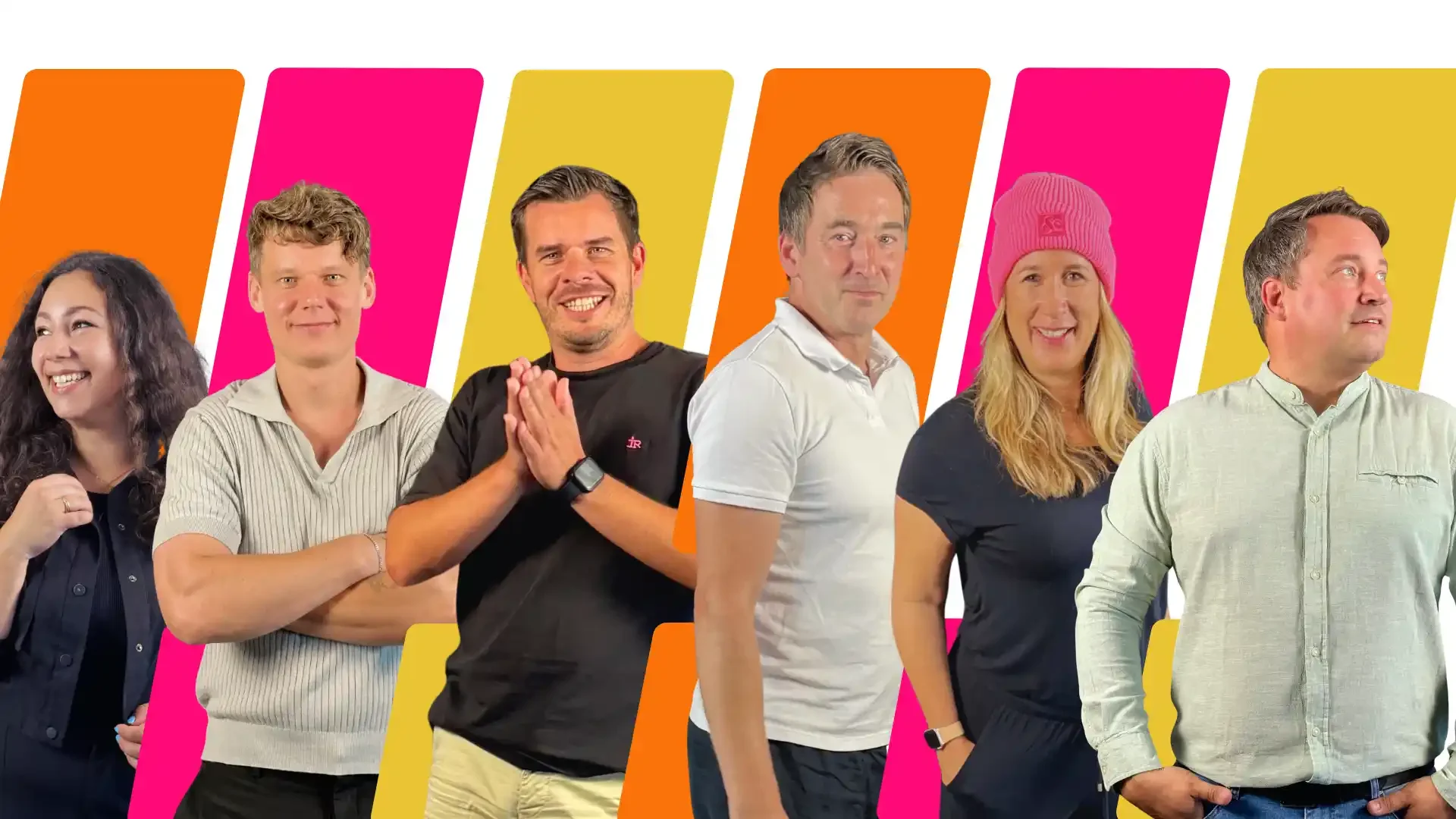 Unser Team steht für kreative Brand Experience – sechs Personen vor buntem Hintergrund, die gemeinsam Ideen für starke Events entwickeln.