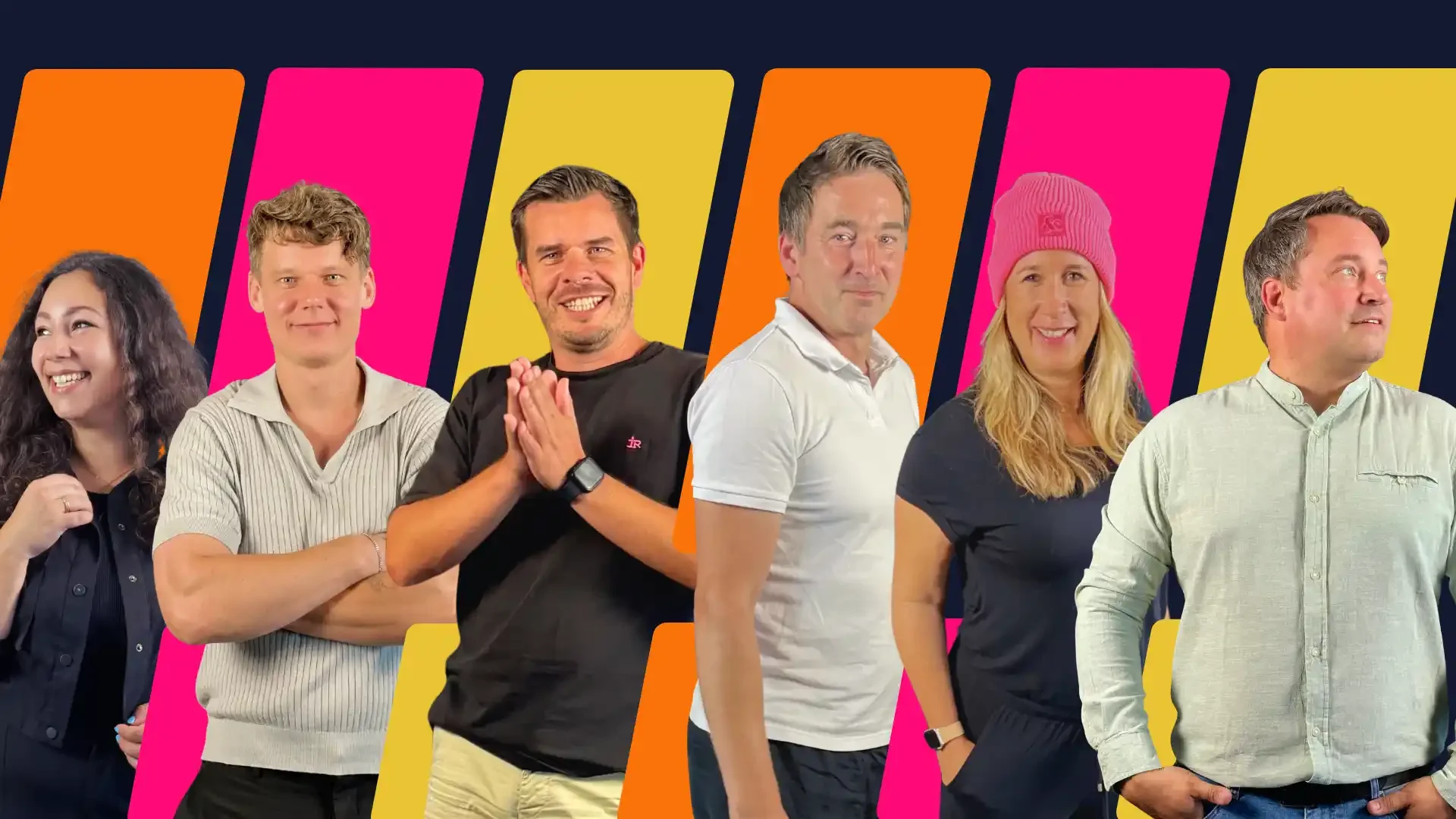 Unser Team steht für kreative Brand Experience, Live-Kommunikation und Eventlogistik – sechs Personen vor buntem Hintergrund, die gemeinsam Ideen für starke Events entwickeln.