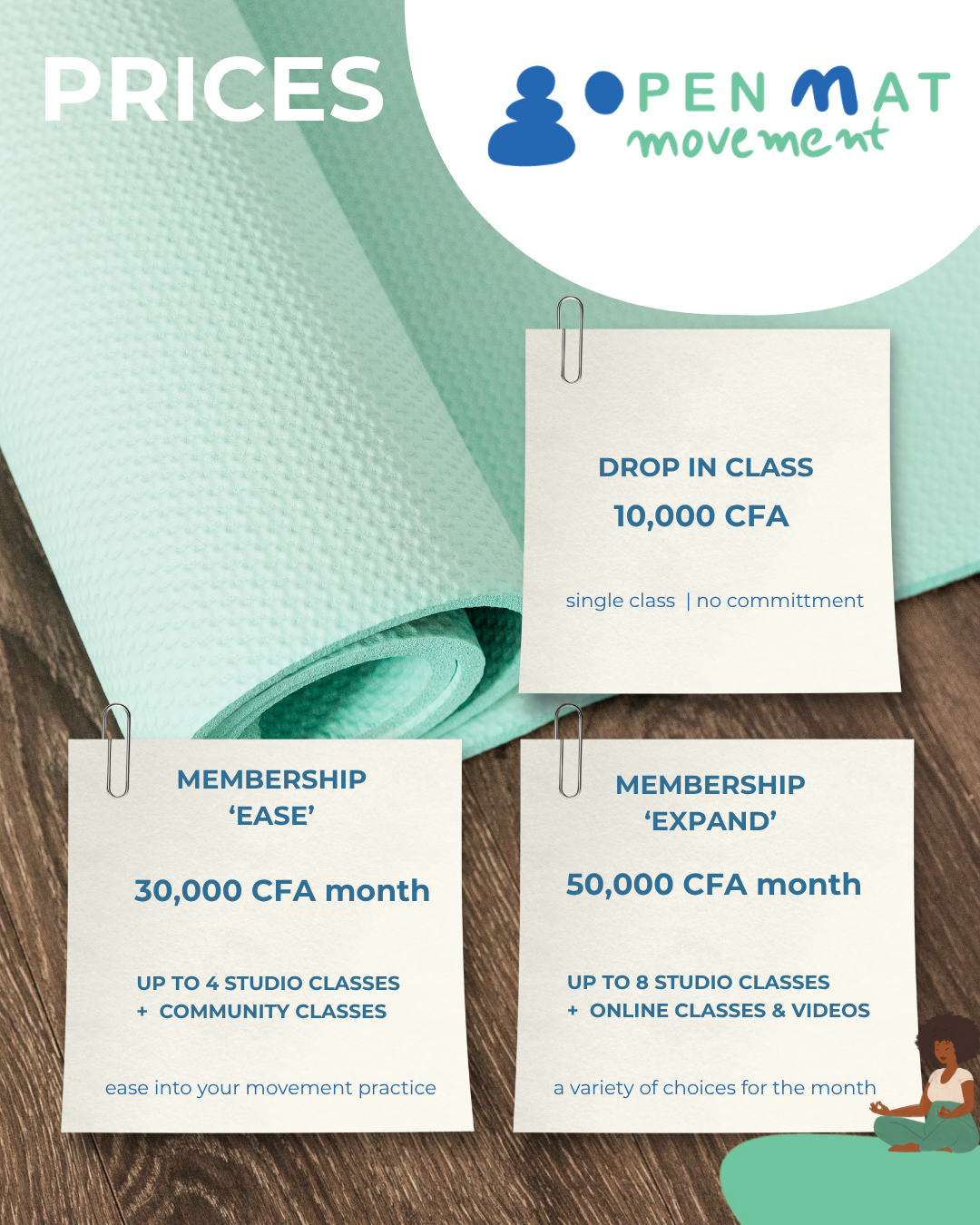 pricing for drop in classes and monthly packages at Open Mat Movement