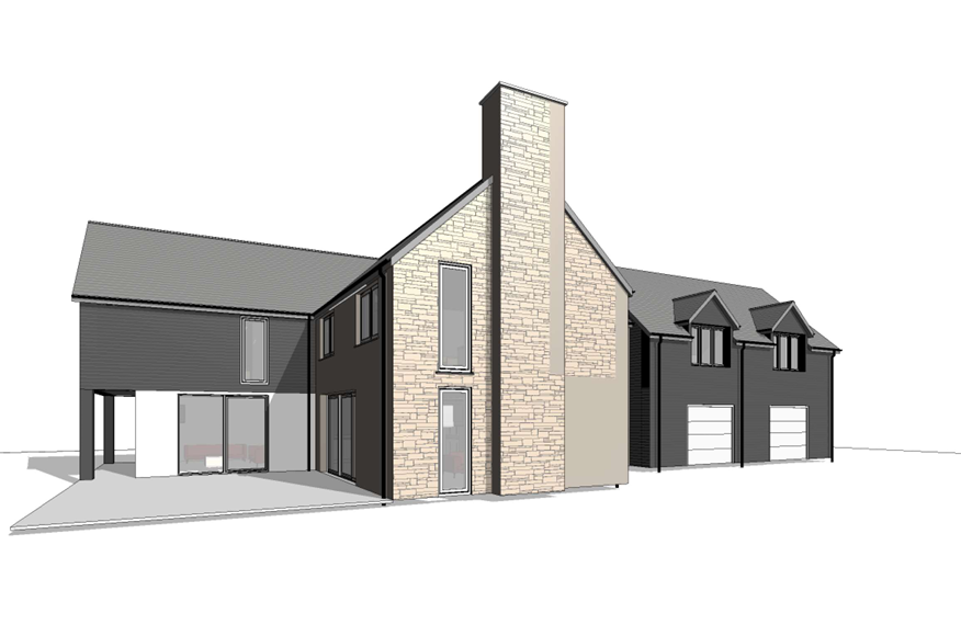 Digital rendering of a modern two-story house with a gray exterior, large windows, a chimney, and an attached double garage.