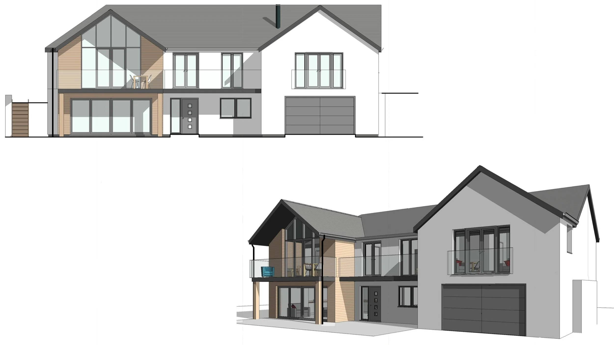 L&M Architects Ltd — Architectural drawings of a modern multi-story house, showing front and side elevations with large windows, a garage, and a balcony with outdoor furni