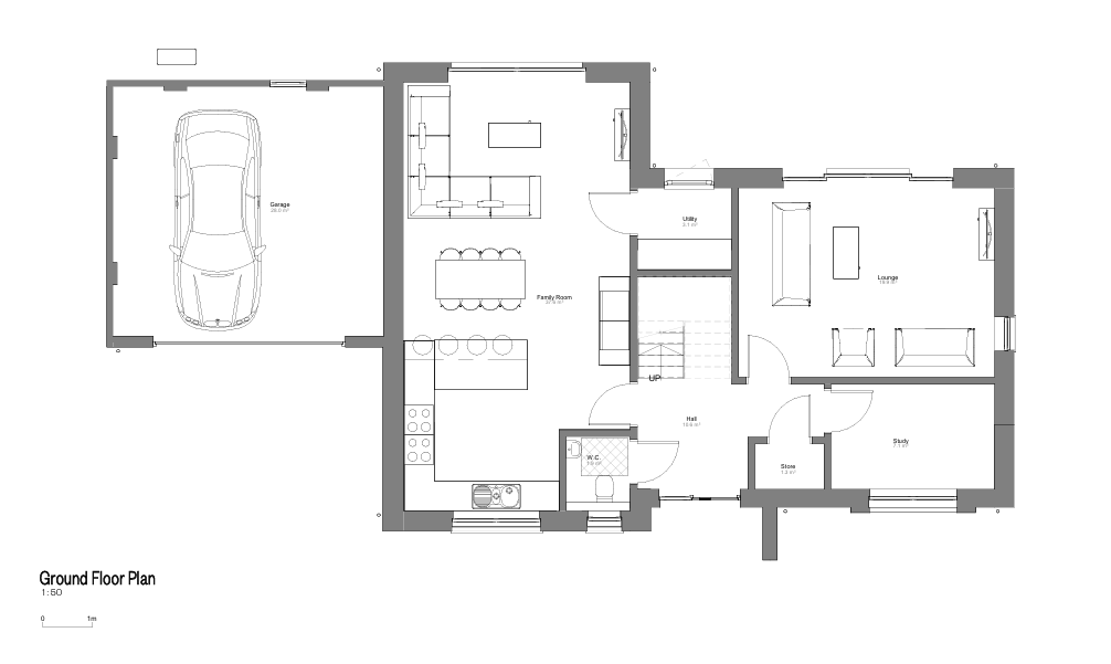 Floor plan of a house showing a garage with a car, a living room, dining area, kitchen, utility room, hall, bathroom, lounge, study, and storage room.