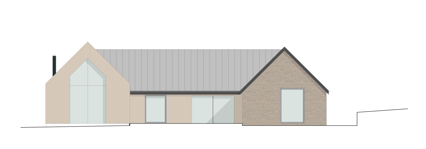 Elevation view of a modern house with a pitched roof, large glass windows, and a combination of brick and siding exterior.