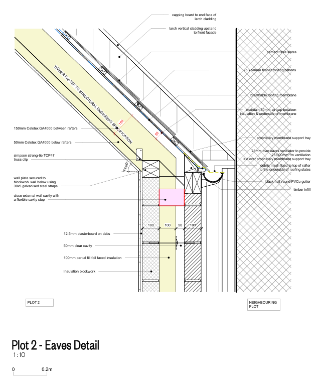 An architectural technical drawing showing a detailed cross-section of eaves on a building, including roof layers, insulation, support trays, and timber framing components with measurements and construction notes.