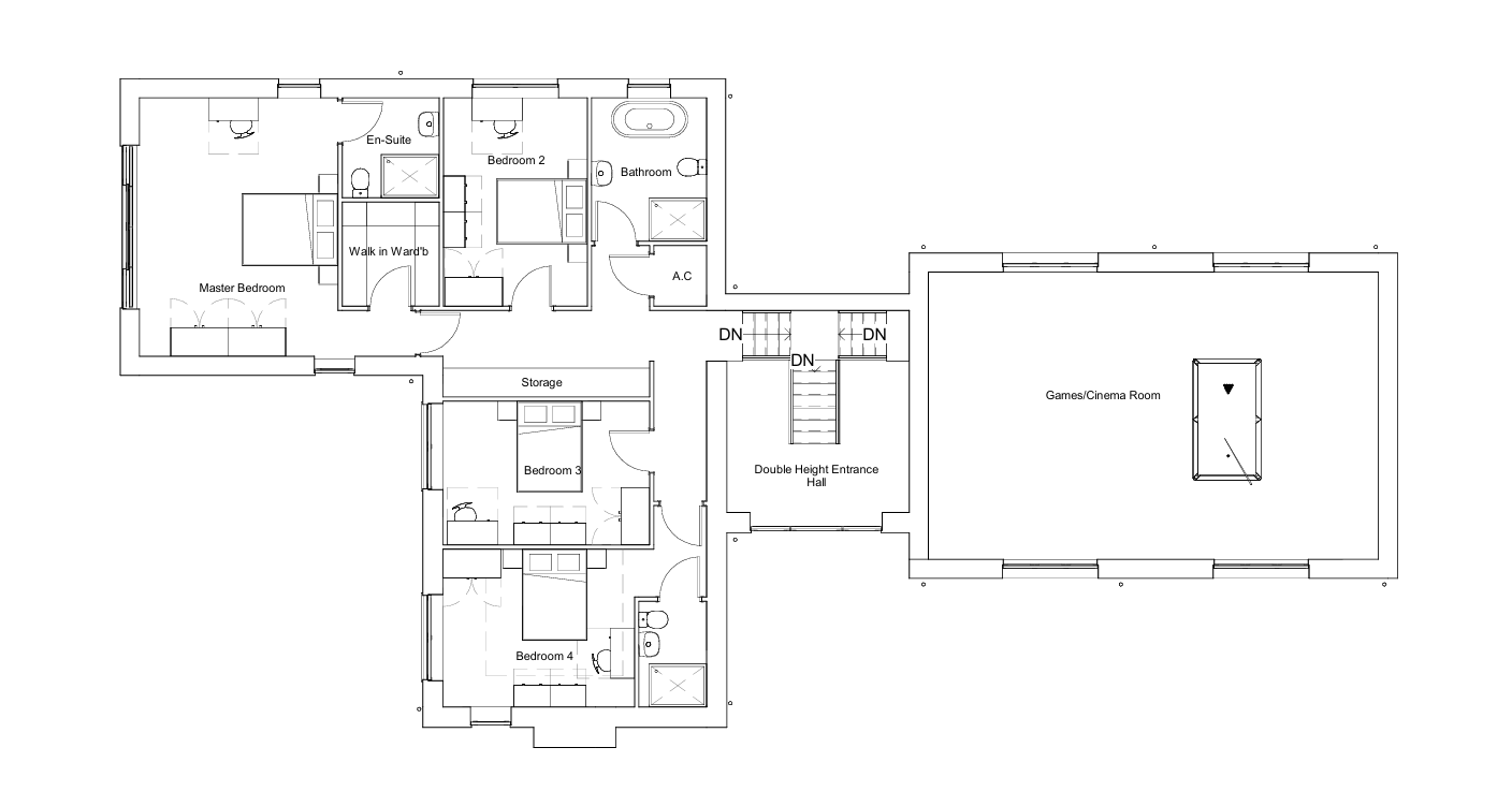Floor plan of a house with labeled rooms including a Master Bedroom, Bedroom 2, Bedroom 3, Bedroom 4, a Game/Cinema Room, bathrooms, storage, and a double-height entrance hall with stairs.