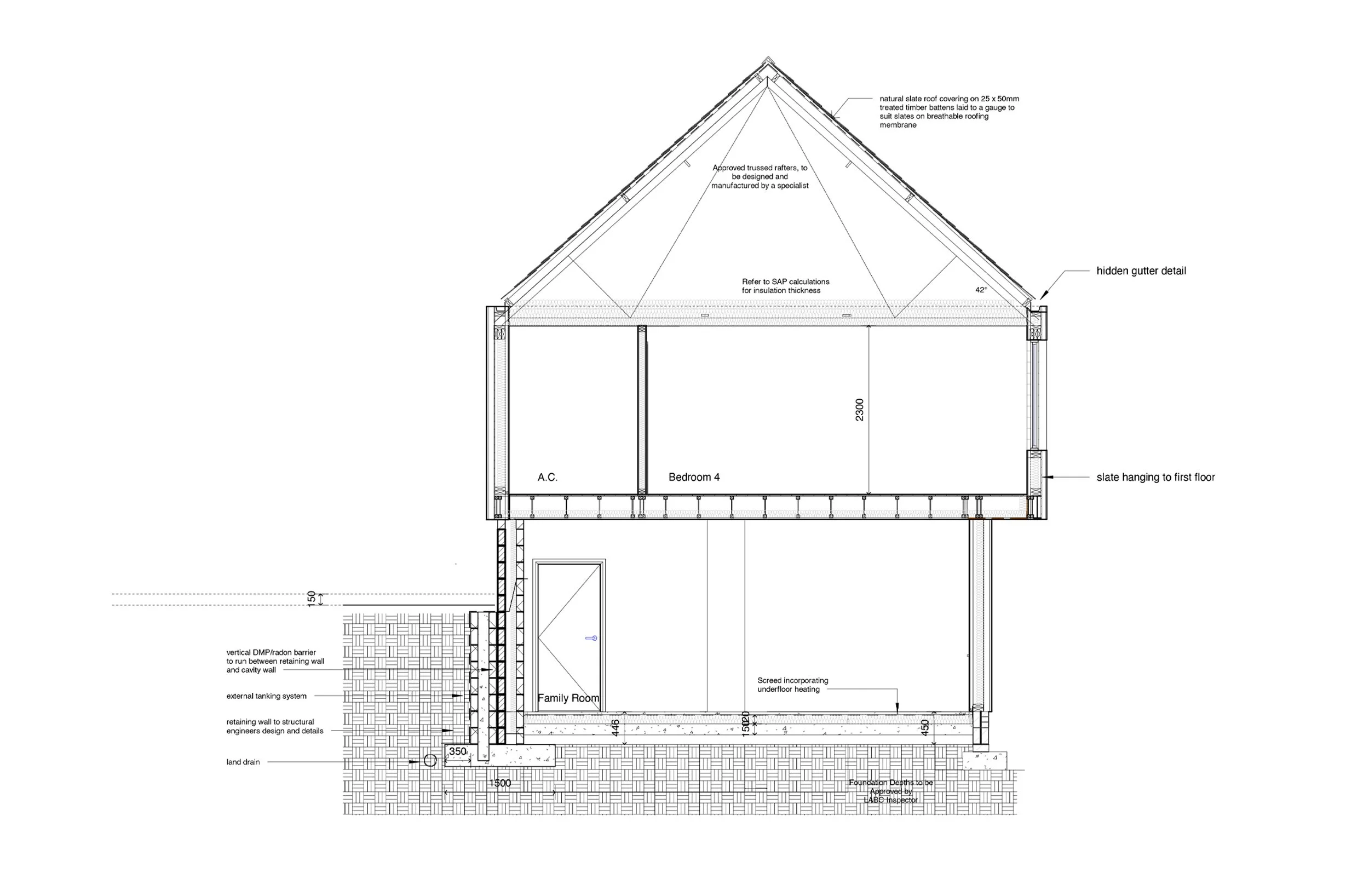 L&M Architects Ltd — Architectural blueprint of a residential building's roof and upper floor, showing construction details and measurements.