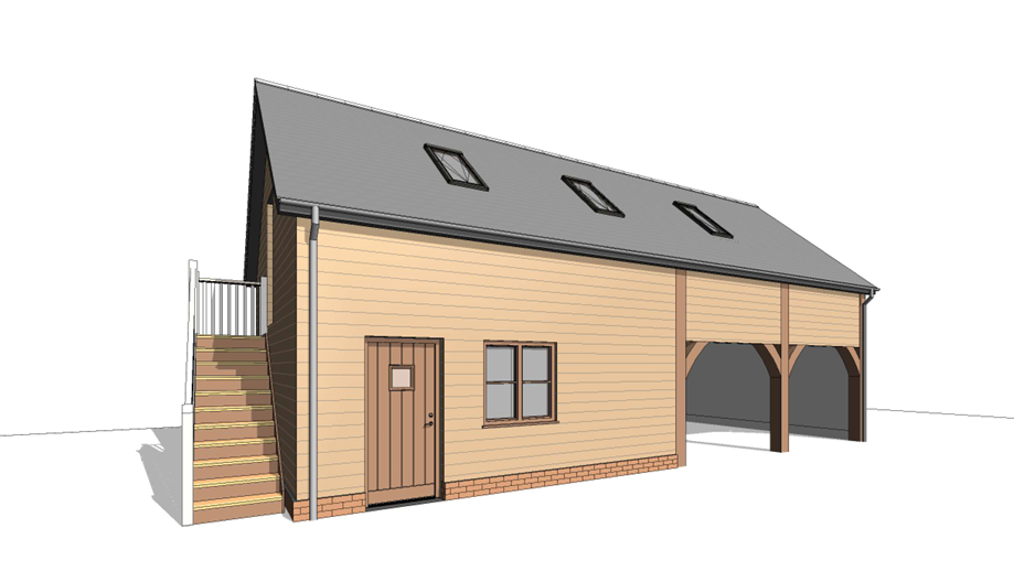 Digital rendering of a two-story house with beige siding, a gray gable roof with three skylights, a front door, a window, and an open carport supported by wooden beams.