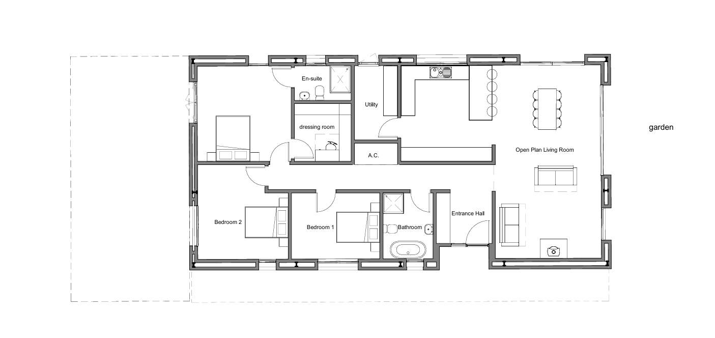 Floor plan of a house showing a garden, open plan living room, entrance hall, bathroom, two bedrooms, utility area, dressing room, en-suite bathroom, and A.C. closet.