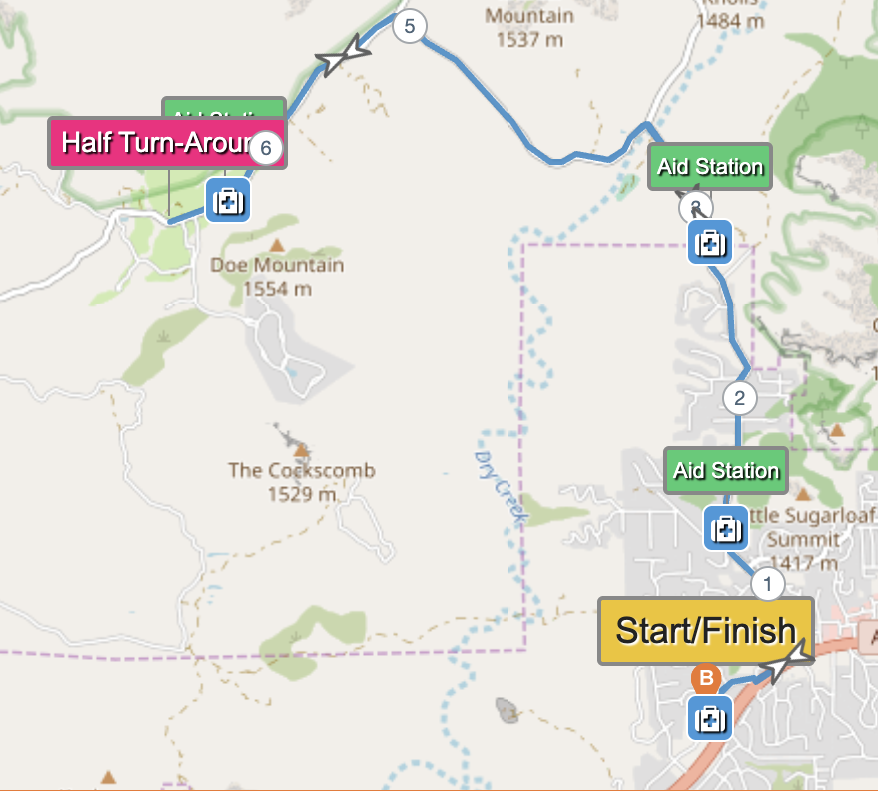 Map of RunSedona Half Marathon with the half way turn-around spot marked, three aid stations, and the start/finish line.
