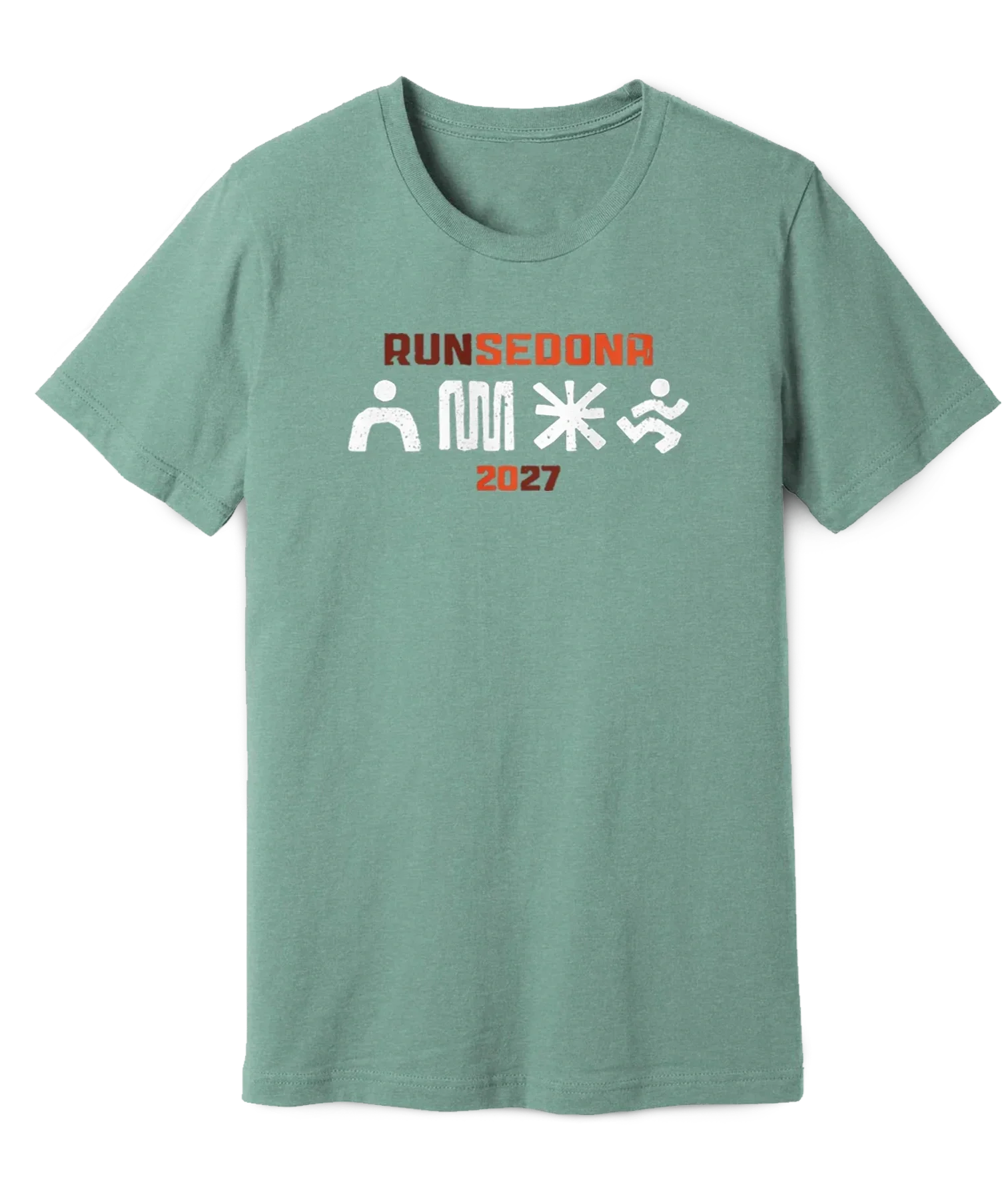 Green T-shirt with 'RUNSEDONA 2027' text and abstract symbols in red, white, and orange.