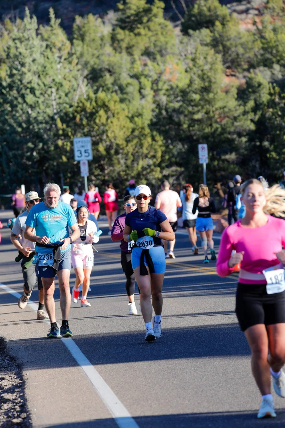 People participating in a marathon race on a sunny day, running along a paved road with trees in the background.