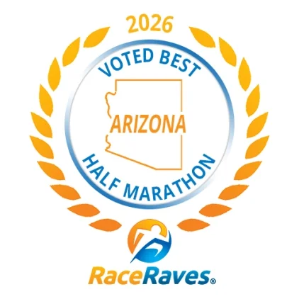 Award certificate stamp reading 'Voted Best Arizona Half Marathon 2026'. The Certificate uses orange and blue colors, the outline of arizona is in the center of the award, and the logo and brand 'Race Raves' is at the bottom.