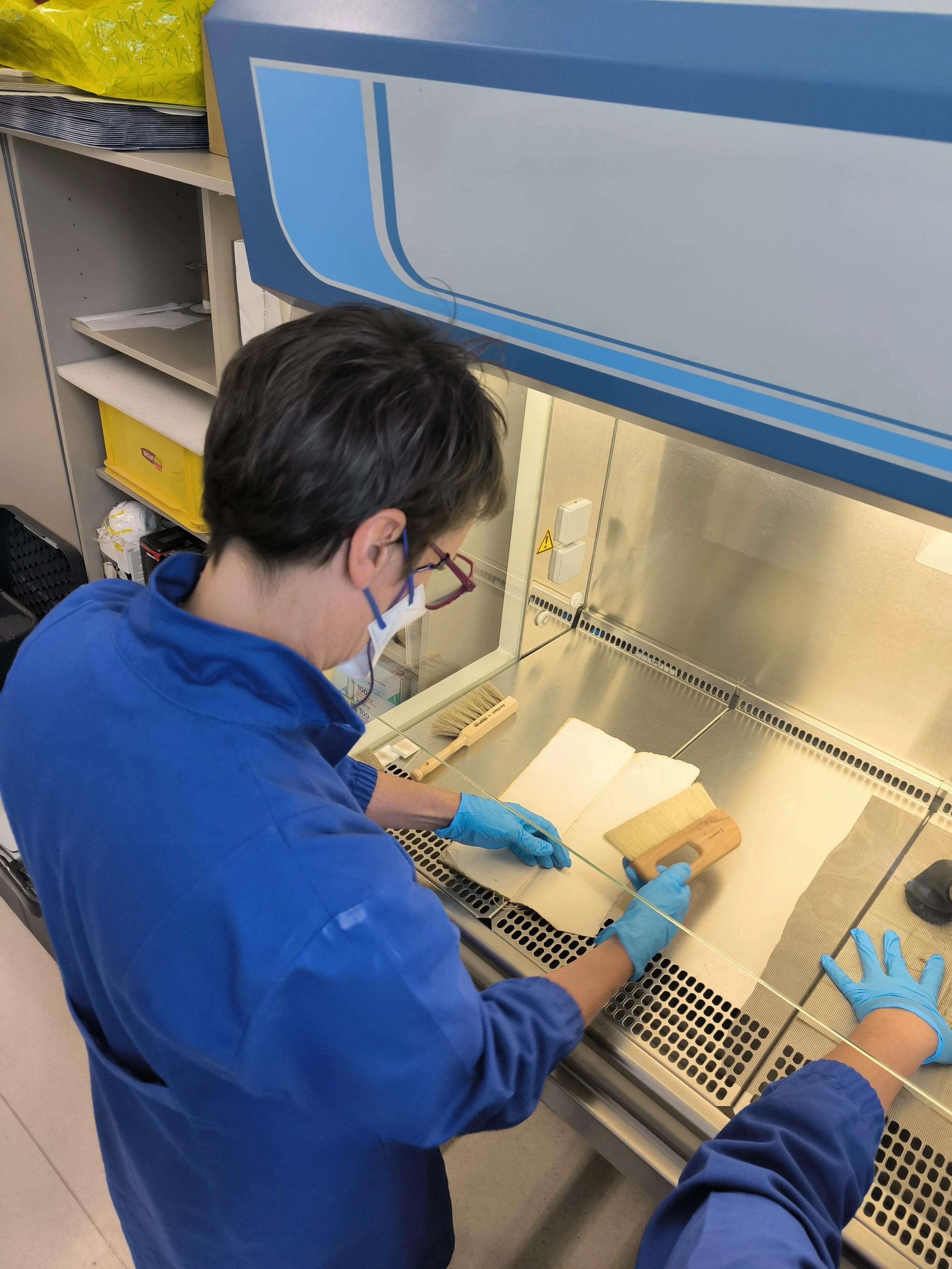  Ein großes Thema des Jahres war die Reinigung. Die Abteilung für Sondersammlungen der ULB Innsbruck stellte uns dankenswerterweise ihre Werkbank zur Verfügung. Dagmar und Daniela arbeiteten dort mehrere Tage. Am Ende waren sie schweißgebadet aber zu