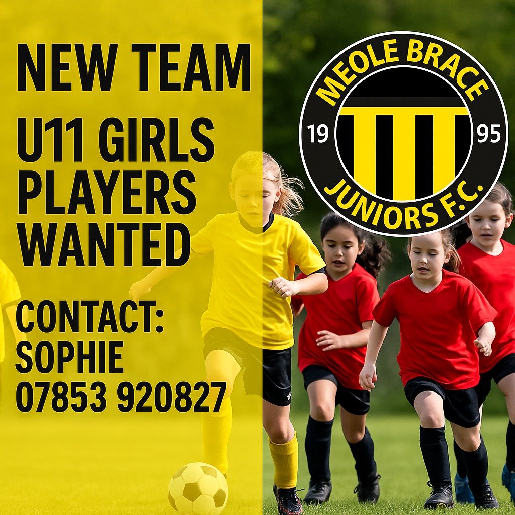 🖤💛 EXCITING NEWS! 💛🖤
We’re launching our first ever girls football team at Meole Brace Juniors Football Club – and we’re looking for players! ⚽🙌
If your daughter is currently in Year 5 and loves football (or wants to give it